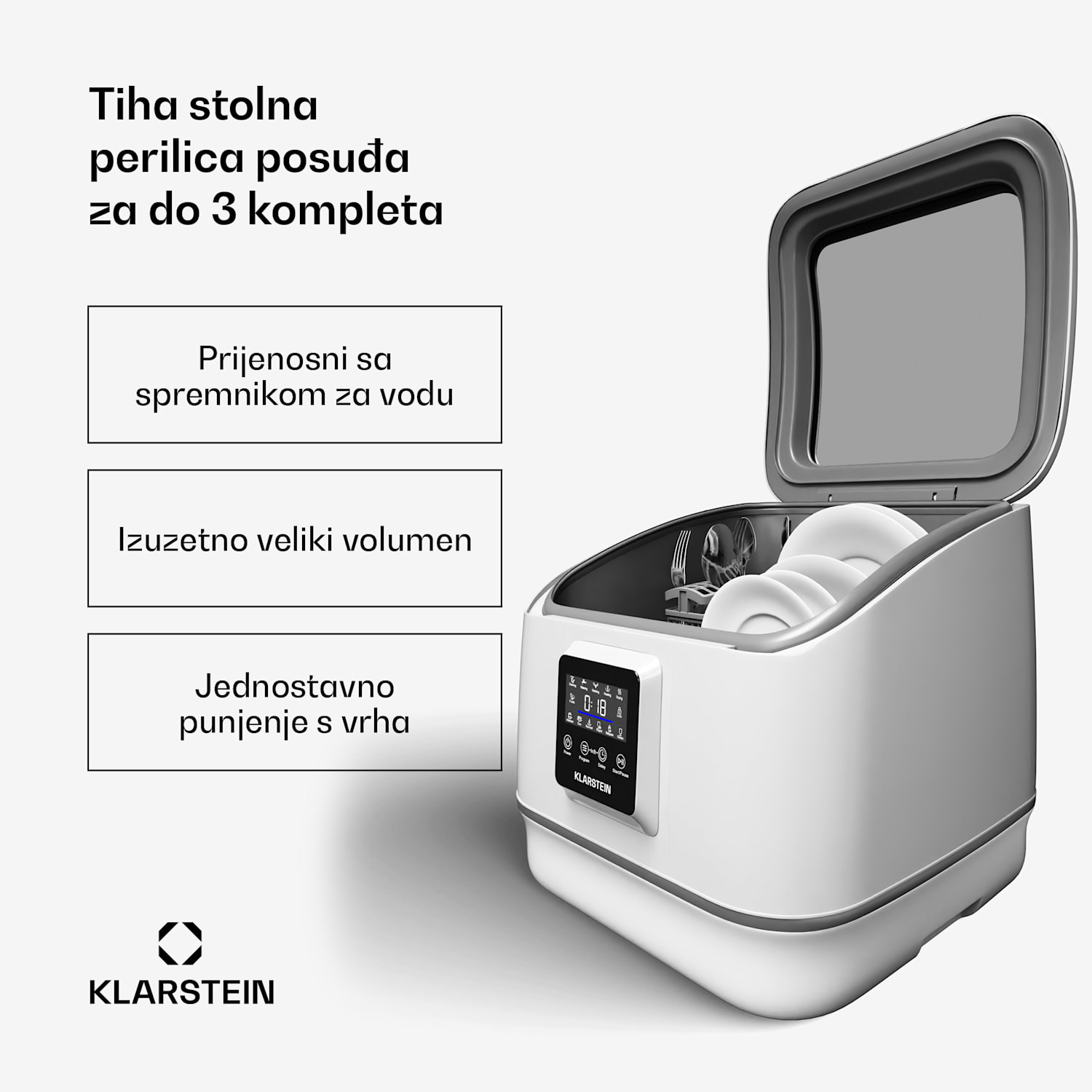 SilentScrub perilica posuđa, prijenosna, zaslon na dodir, 7 programa, 3 seta posuđa, košara za pribor za jelo 