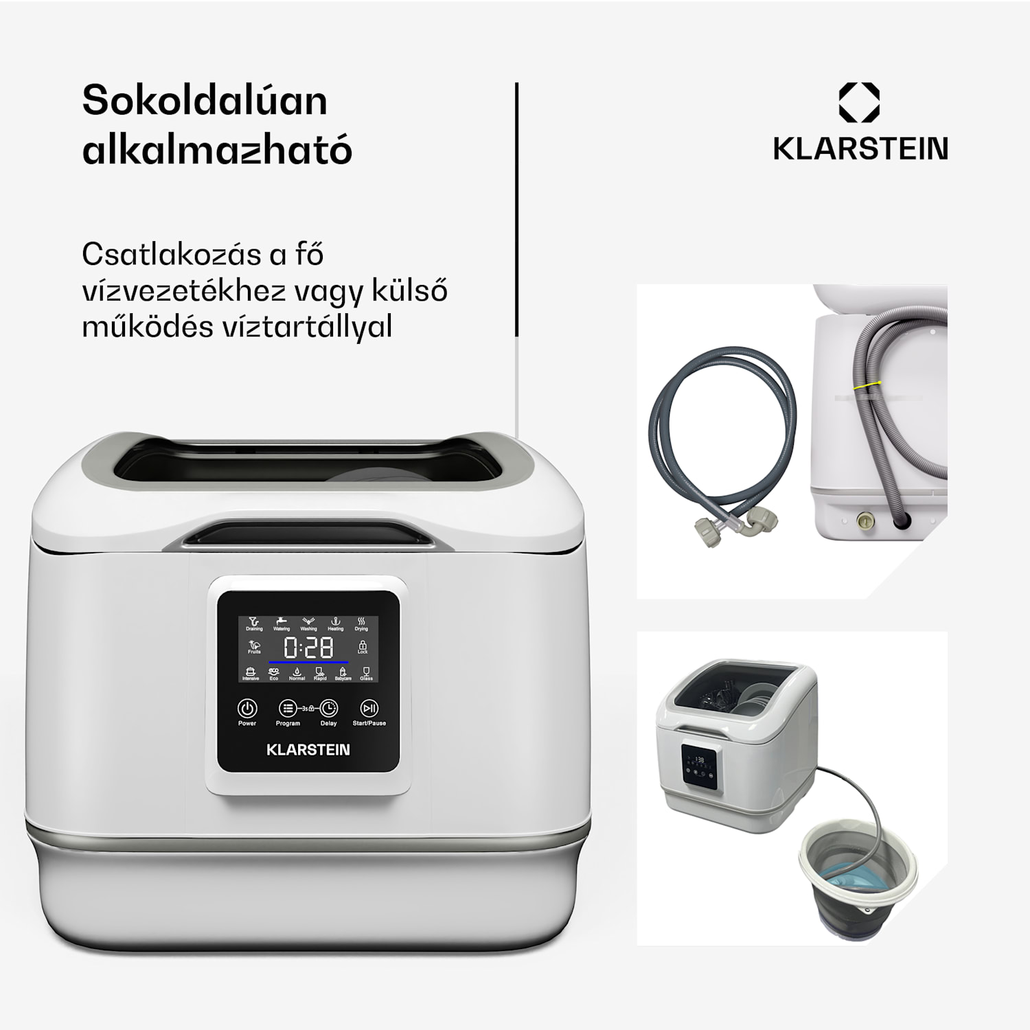 SilentScrub mosogatógép, hordozható, érintőképernyő, 7 program, 3 edénykészlet, evőeszközkosár 