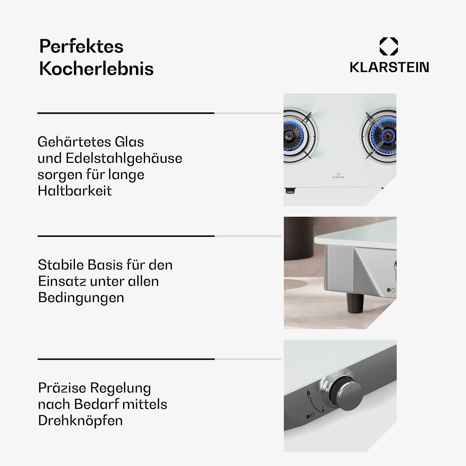 Barzona - Piano cottura da campeggio | 2 bruciatori | 3,4 kW & 4,3 kW | Pannello in vetro | Acciaio inox | Utilizzo mobile G30 / 50 mbar | 2 bruciatori | Bianco