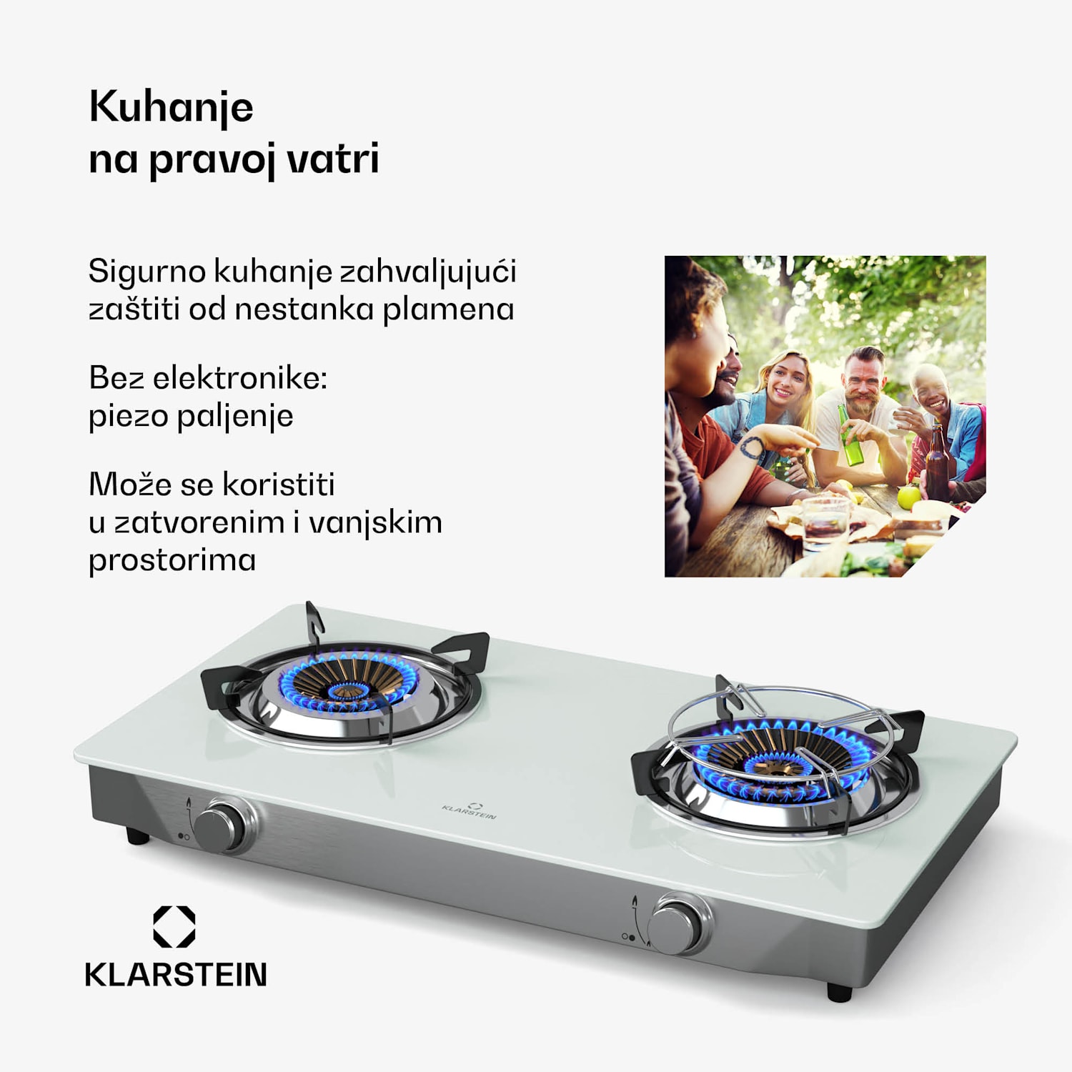 Barzona štednjak za kampiranje, 2 plamenika, 3,4 kW & 4,3 kW, plinska dvostruka ploča, nehrđajući čelik, mobilna G30 / 50 mbar | 2 plamenika | Bijela