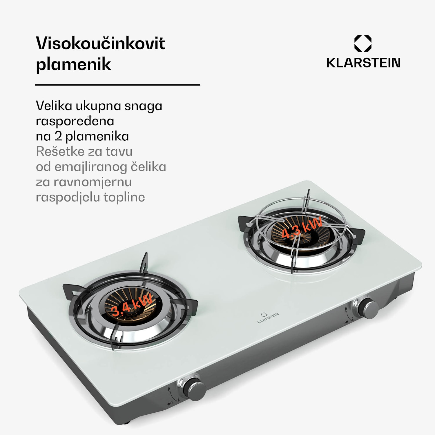 Barzona štednjak za kampiranje, 2 plamenika, 3,4 kW & 4,3 kW, plinska dvostruka ploča, nehrđajući čelik, mobilna G30 / 50 mbar | 2 plamenika | Bijela