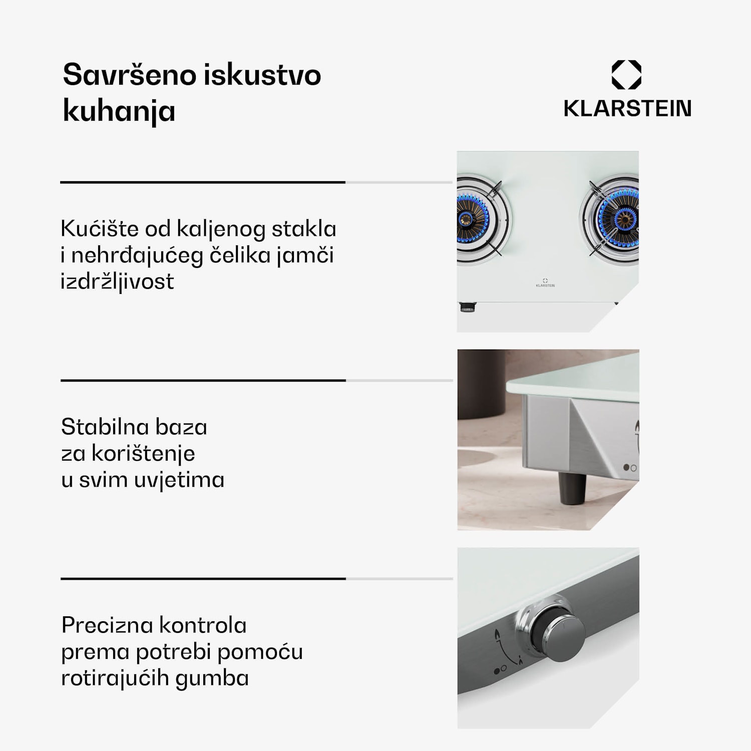 Barzona štednjak za kampiranje, 2 plamenika, 3,4 kW & 4,3 kW, plinska dvostruka ploča, nehrđajući čelik, mobilna G30 / 50 mbar | 2 plamenika | Bijela