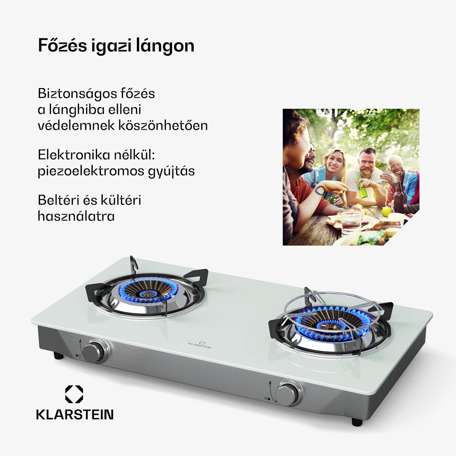 Barzona kempingtűzhely, 2 égő, 3,4 kW & 4,3 kW, gázüzemű kettős égő, rozsdamentes acél, mobil G30 / 50 mbar | 2 égő | Fehér