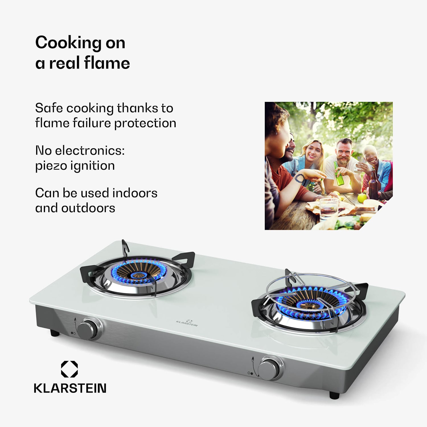 Barzona camping stove | 2 burners | 3.4 kW & 4.3 kW | glass plate | stainless steel | mobile use G30 / 50 mbar | 2 burners | White