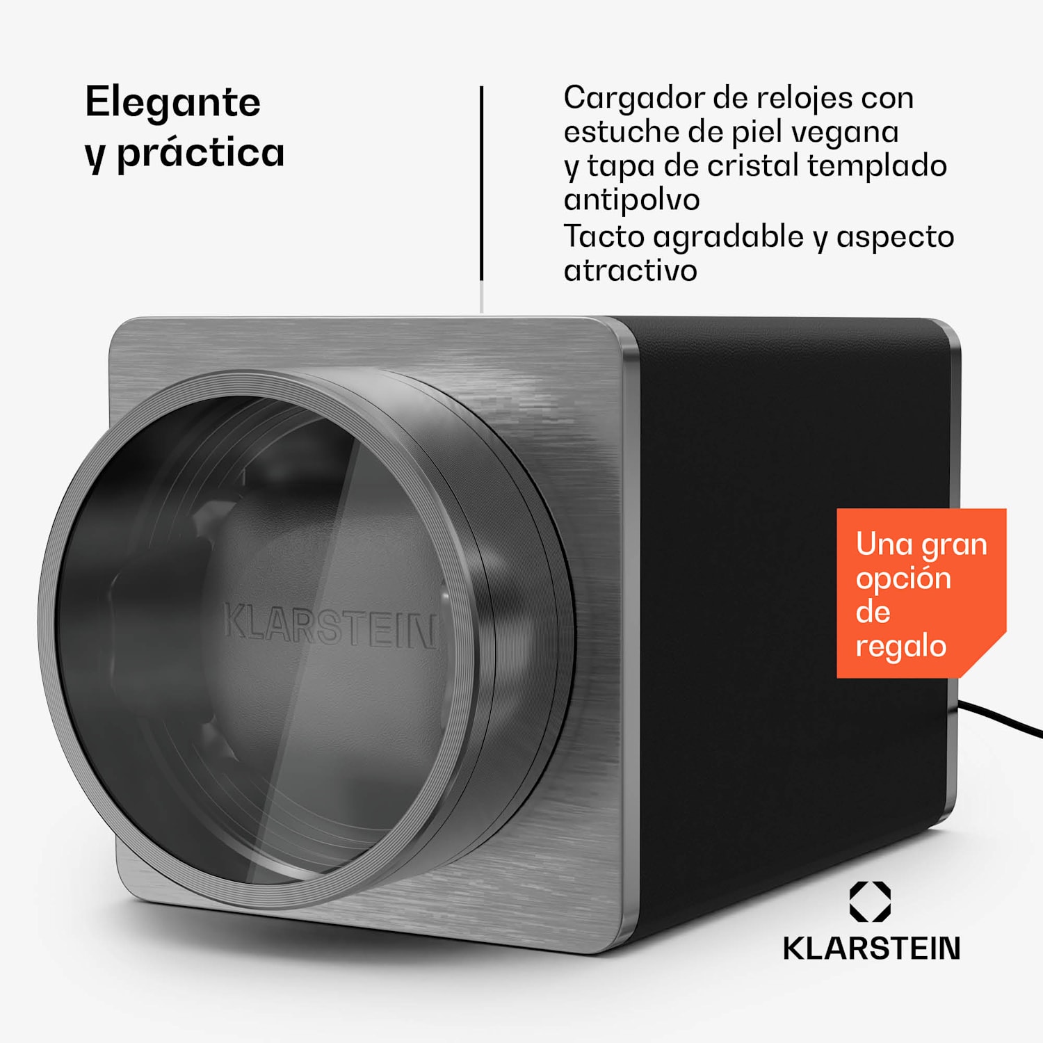 TimeSync watch winder | 1 reloj | 5 modos | 3 direcciones | vegano | tamaño universal | silencioso 1 reloj | Negro / Plata Metálica