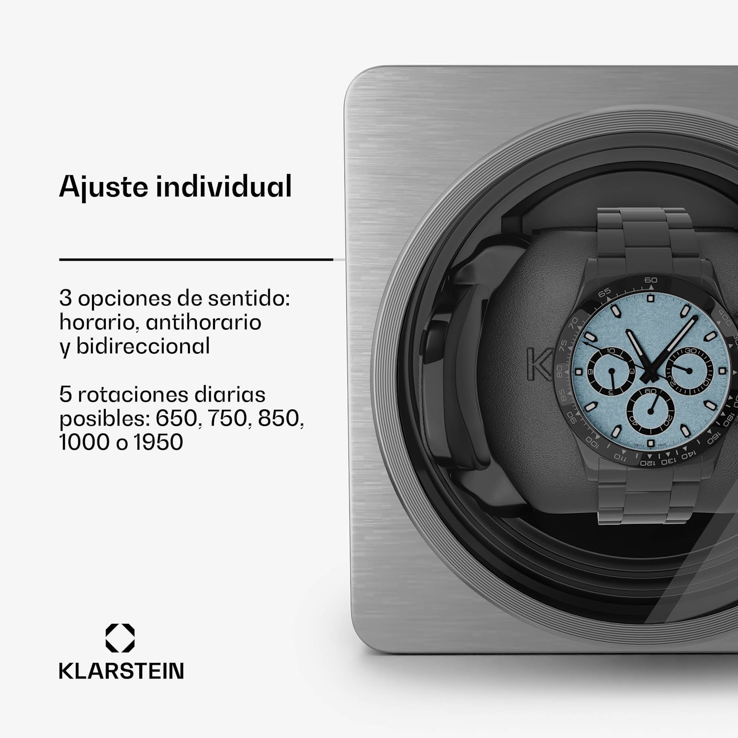 TimeSync watch winder | 1 reloj | 5 modos | 3 direcciones | vegano | tamaño universal | silencioso 1 reloj | Negro / Plata Metálica