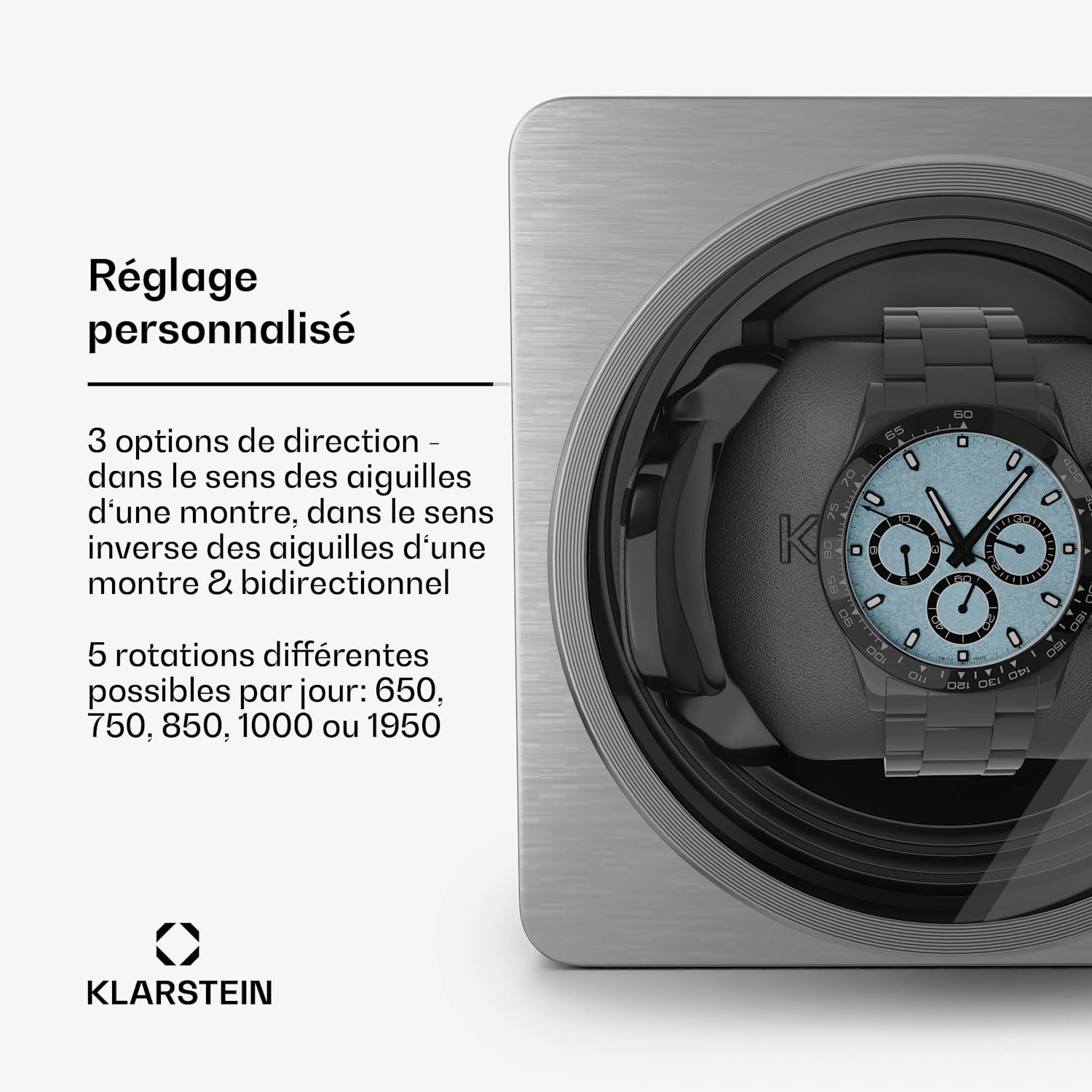 TimeSync watchwinder | 1 horloge | 5 modi | 3 richtingen | veganistisch | universeel formaat | stil 1 horloge | Zwart / Zilver Metallic