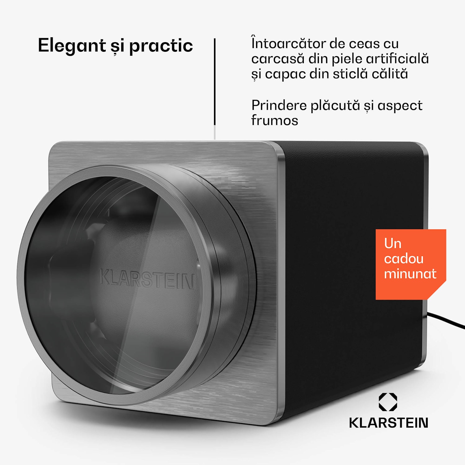 TimeSync aparat de întors ceasuri, 1 ceas, 5 moduri, 3 direcții, vegan, dimensiune universală, silențios 1 ceas | Negru / Argintiu metalizat