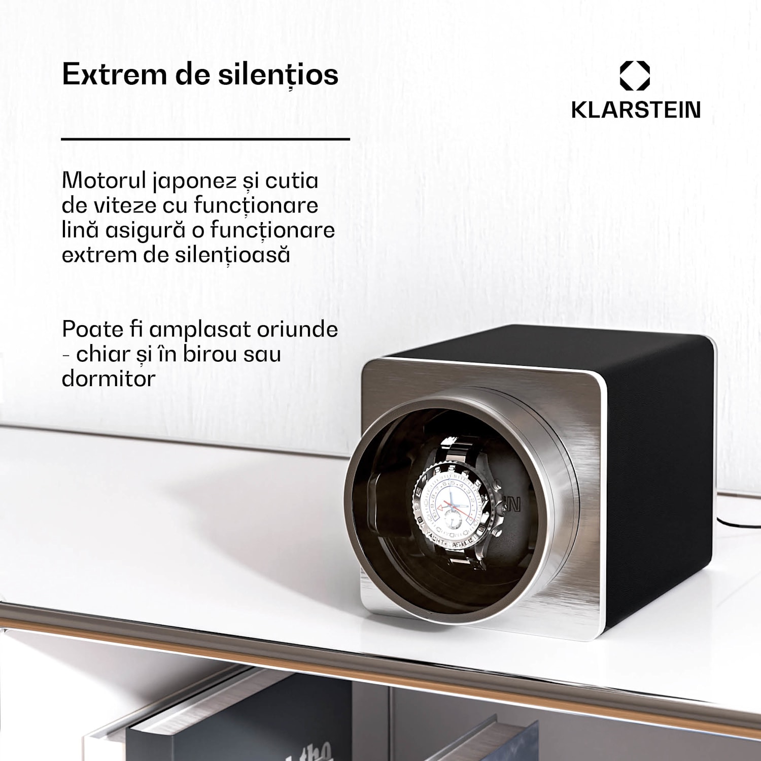 TimeSync aparat de întors ceasuri, 1 ceas, 5 moduri, 3 direcții, vegan, dimensiune universală, silențios 1 ceas | Negru / Argintiu metalizat