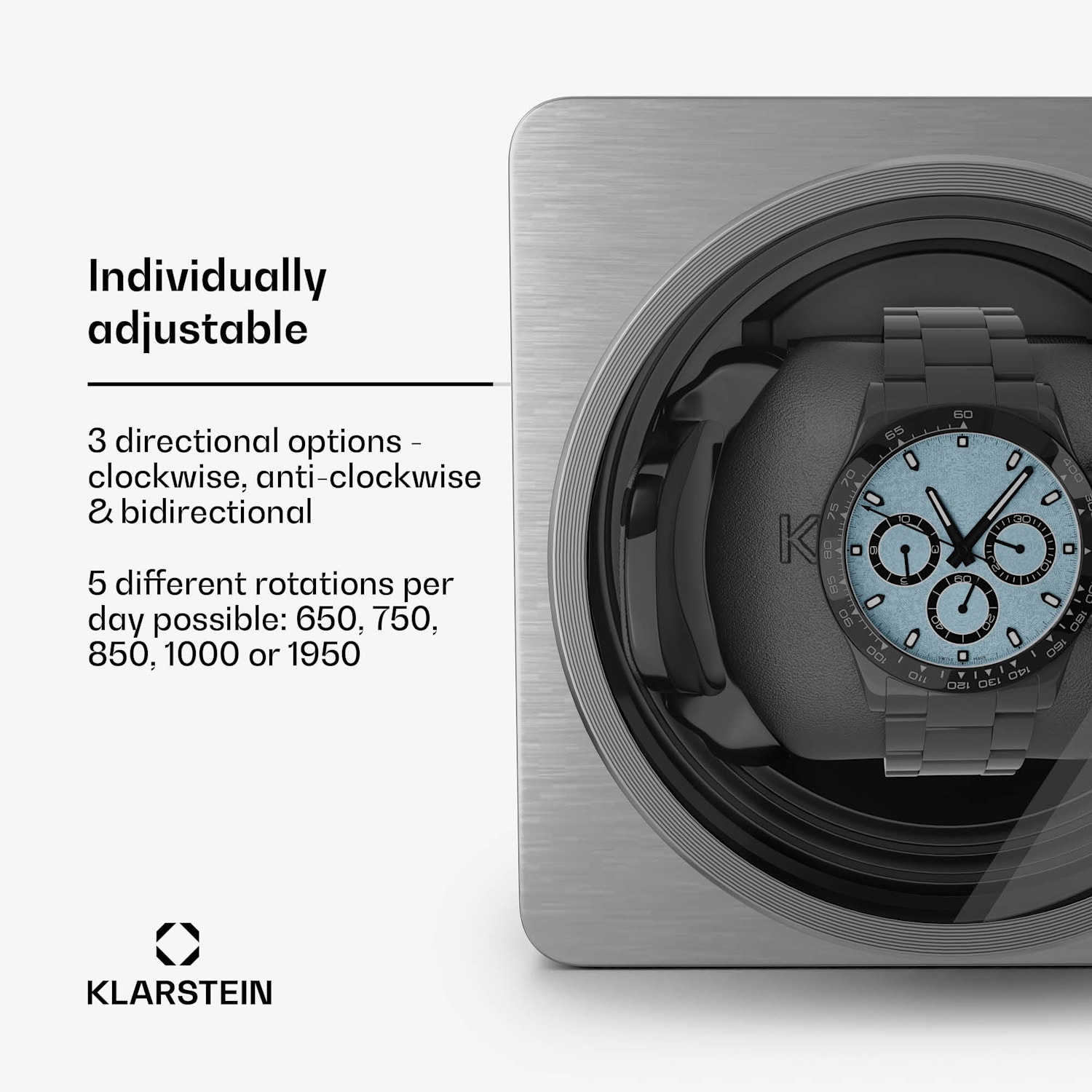 TimeSync kellonpyöritin | 1 kello | 5 pyöritysohjelmaa | 3 suuntaa | vegaaninen | yleiskoko | hiljainen 1 kello | Musta / Hopea Metallinen