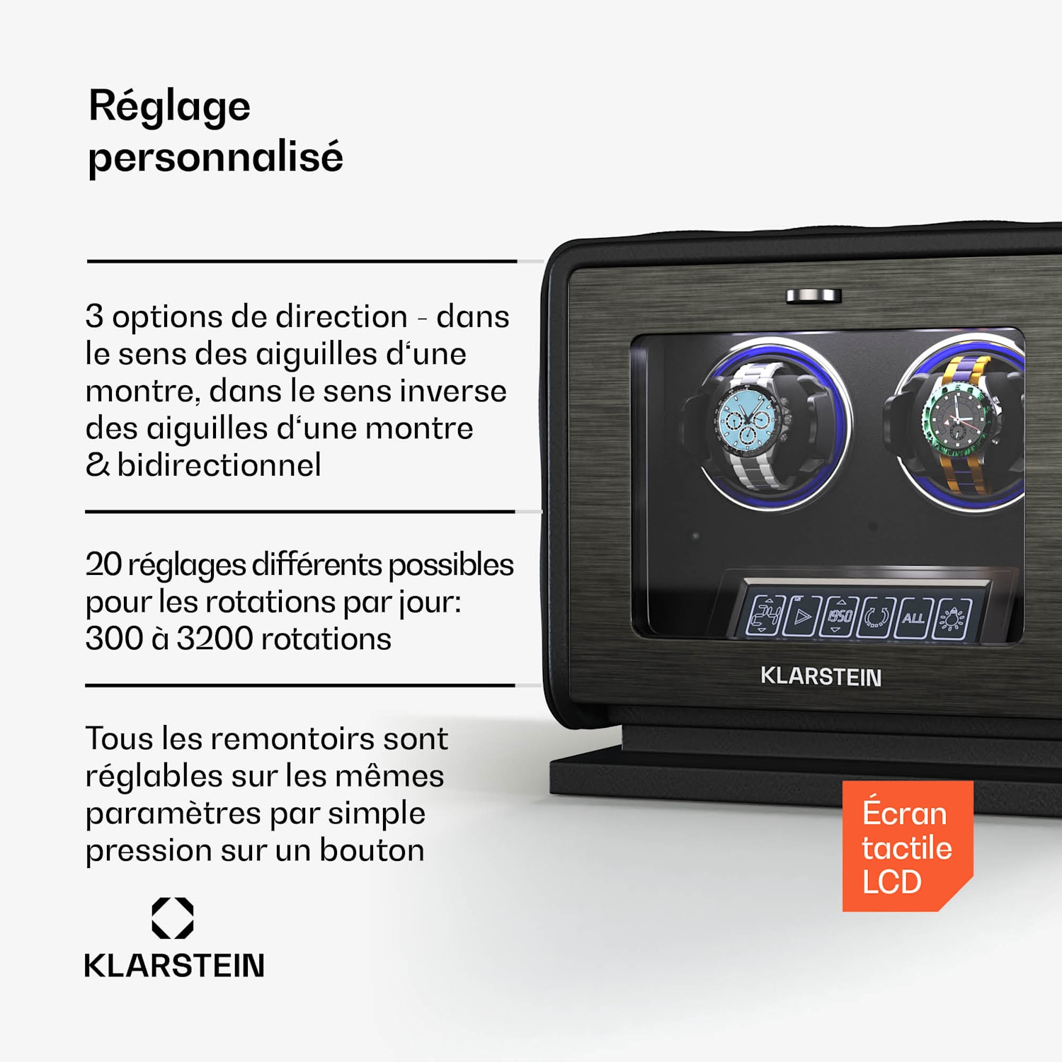 LuminousTime watchwinder | 2 horloges | veel instellingen | LED | 10 dB 2 horloges | Zwart