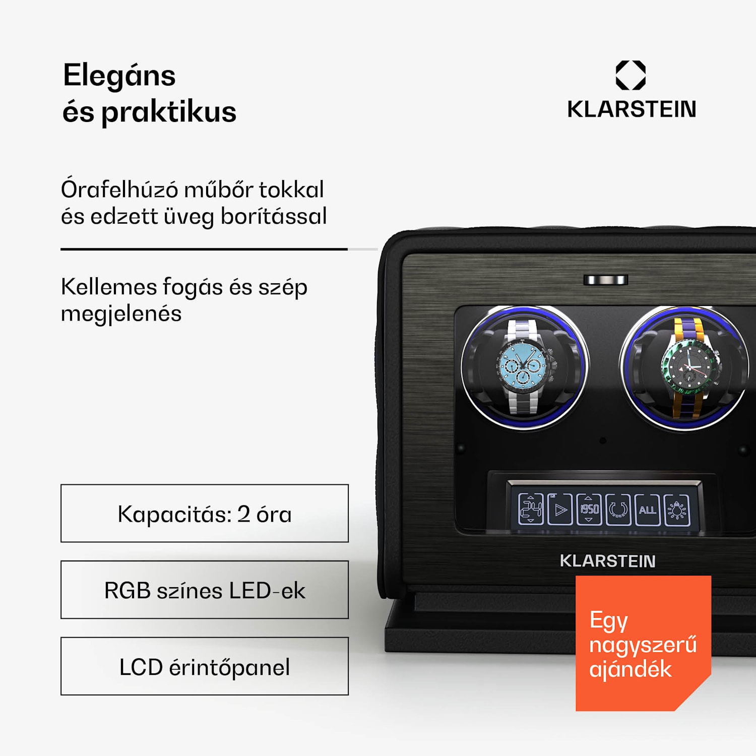 LuminousTime órafelhúzó, 2 óra, sok beállítás, LED, 10 dB 2 watches | Fekete