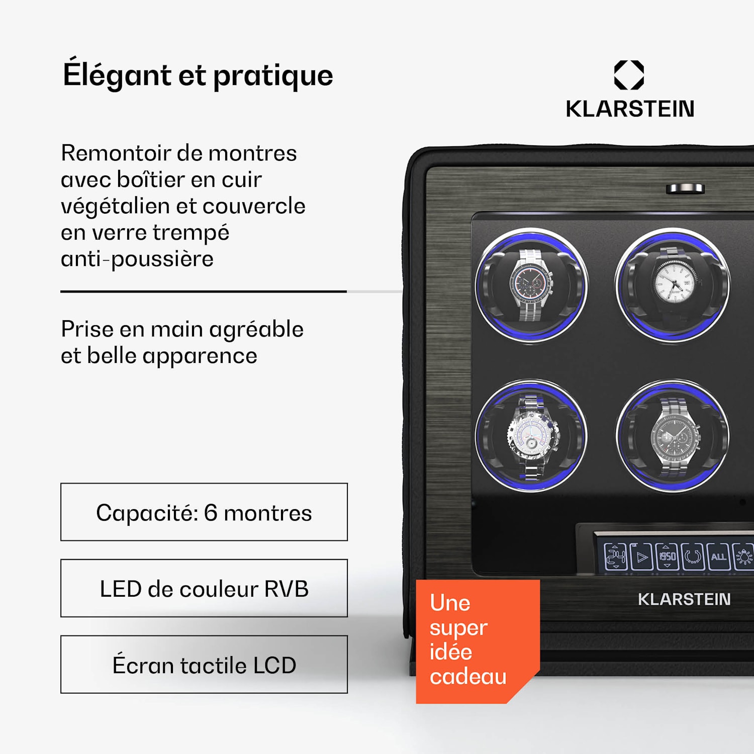 LuminousTime remontoir de montres | 6 montres | nombreux réglages | LED | 10 dB 6 montres | Noir