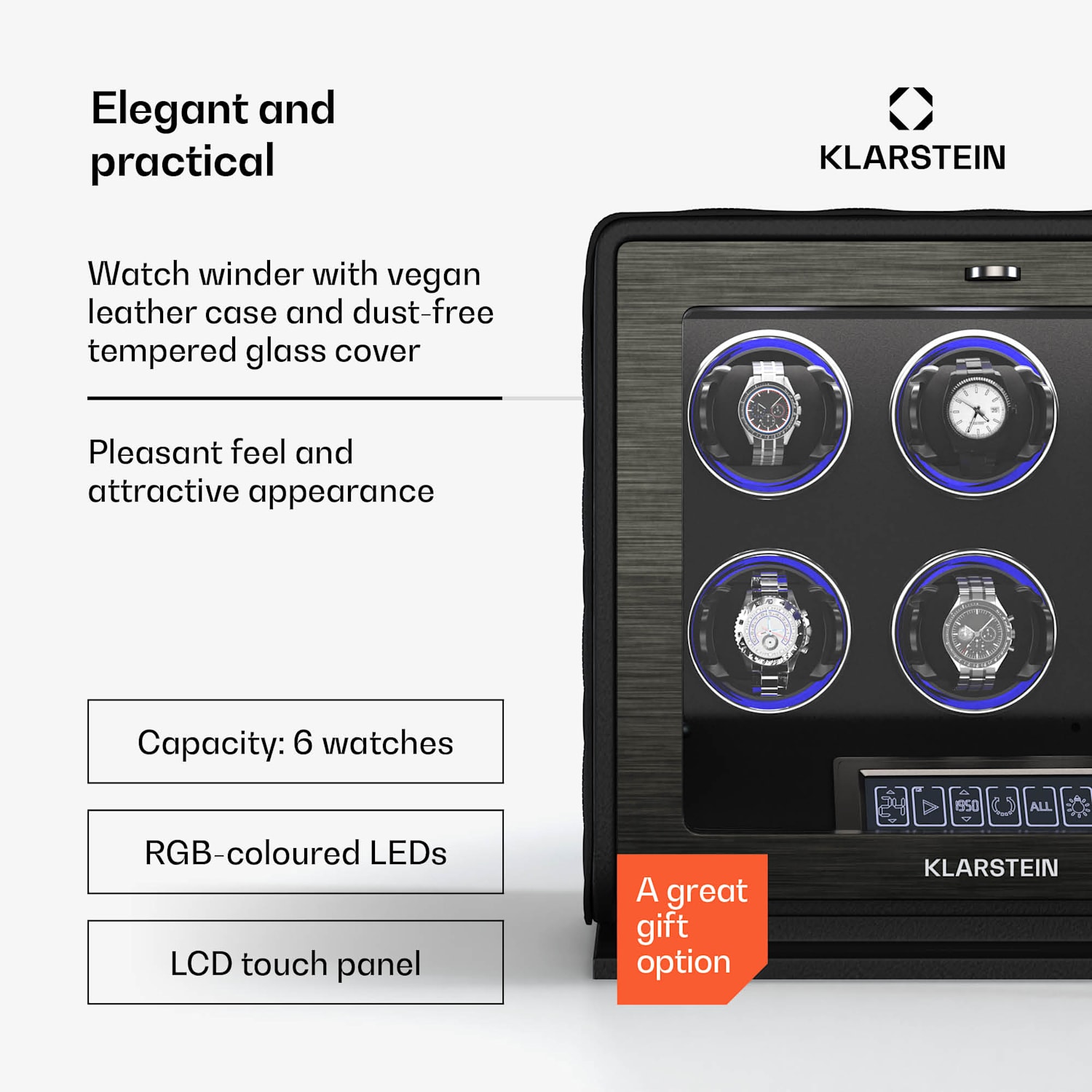 LuminousTime watchwinder | 6 horloges | veel instellingen | LED | 10 dB 6 horloges | Zwart