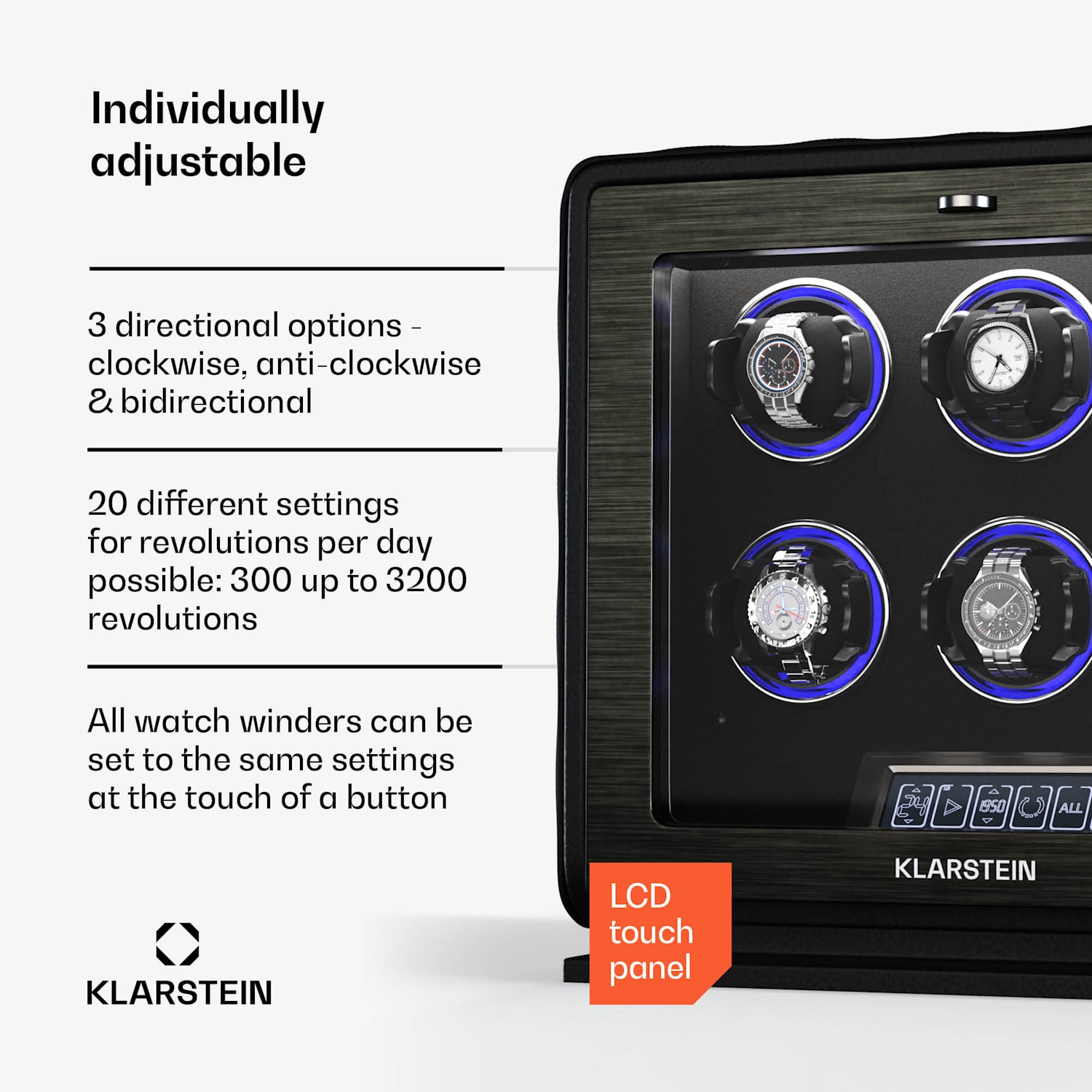 LuminousTime watchwinder | 6 horloges | veel instellingen | LED | 10 dB 6 horloges | Zwart