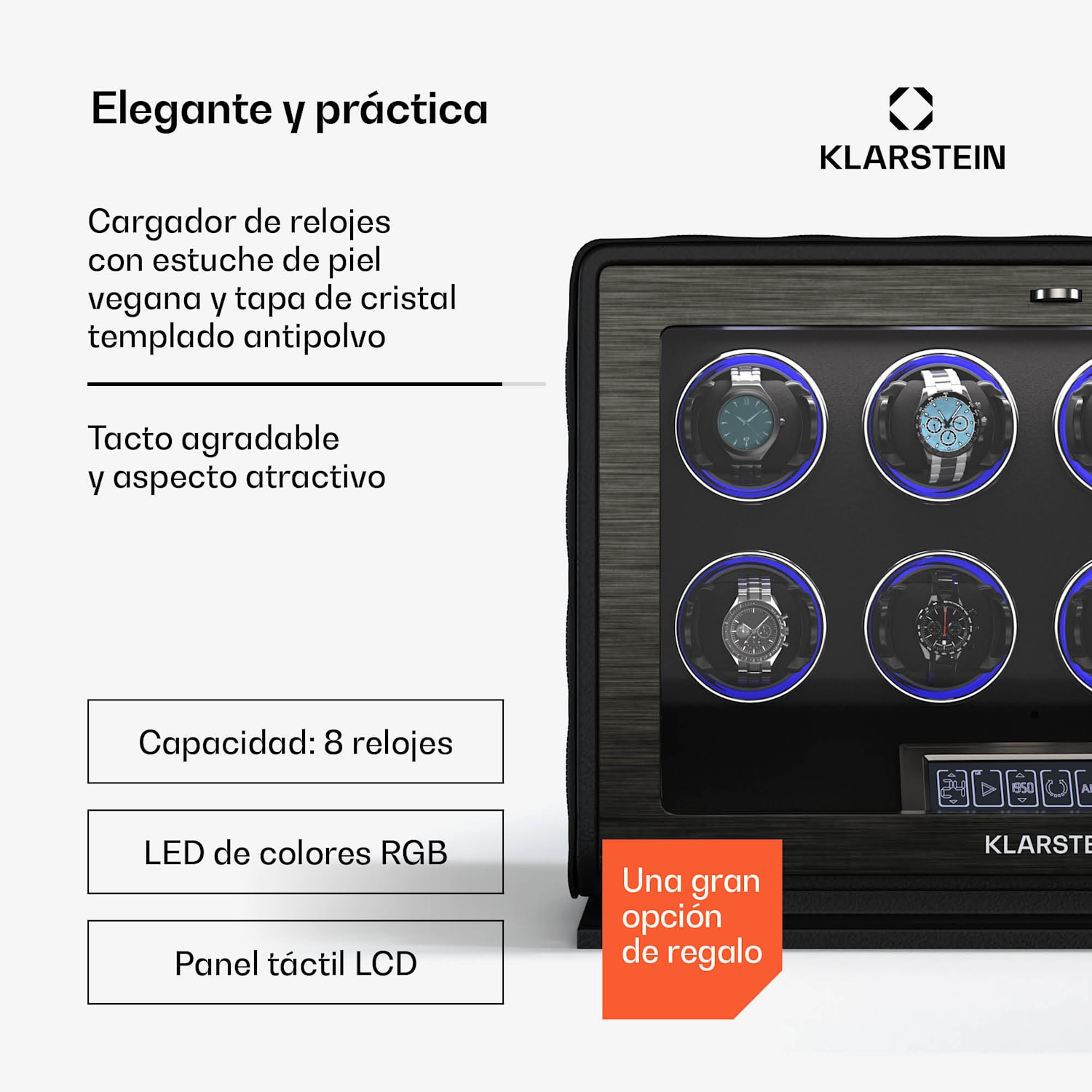 LuminousTime watch winder | 8 relojes | muchos ajustes | LED | 10dB 8 relojes | Negro