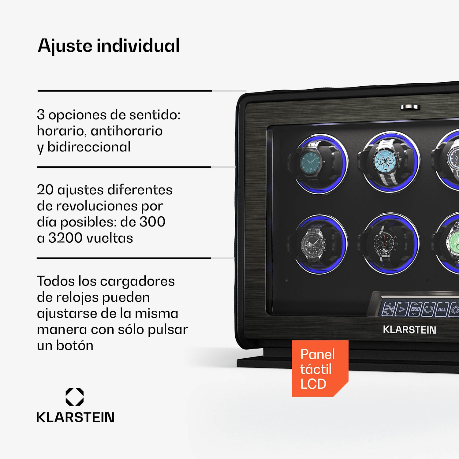 LuminousTime watch winder | 8 relojes | muchos ajustes | LED | 10dB 8 relojes | Negro