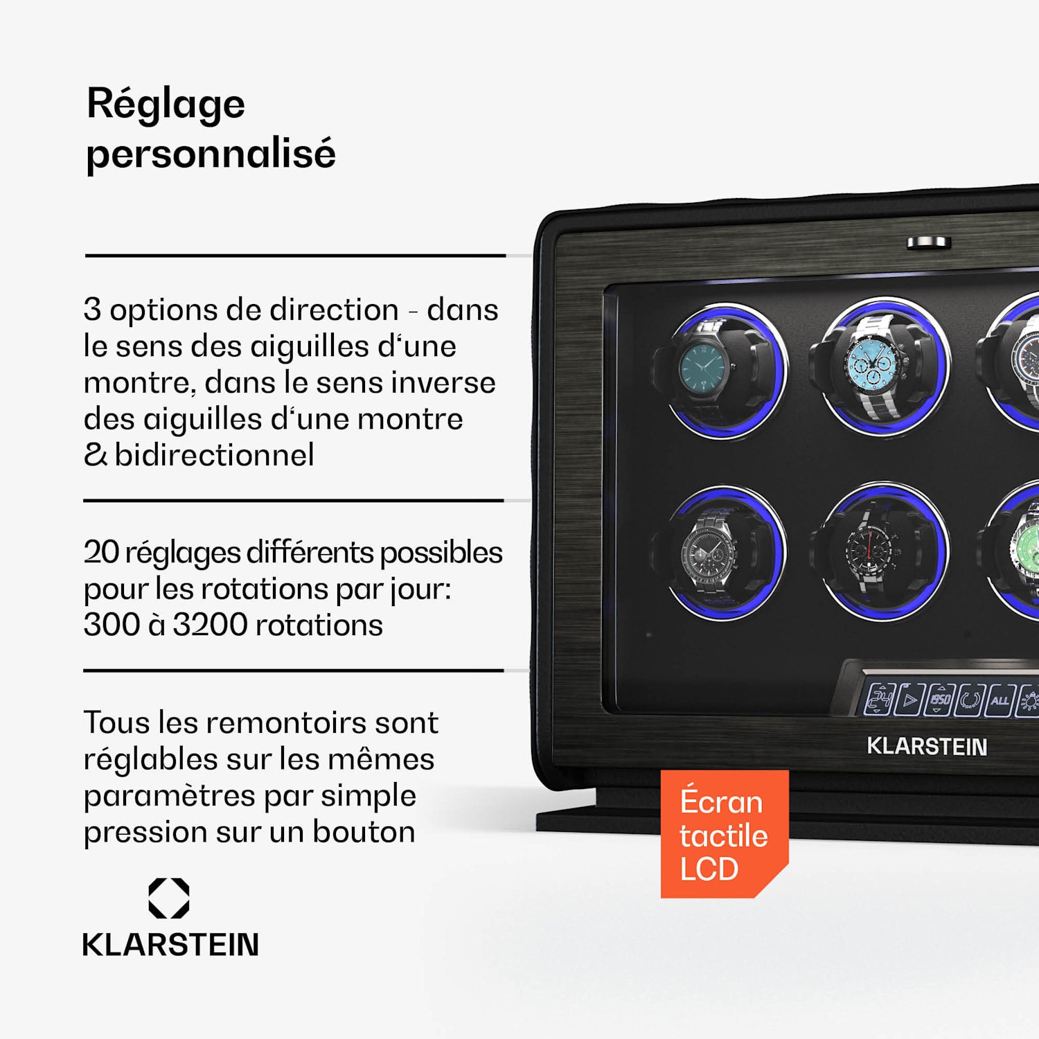 LuminousTime remontoir de montres | 8 montres | nombreux réglages | LED | 10 dB 8 montres | Noir