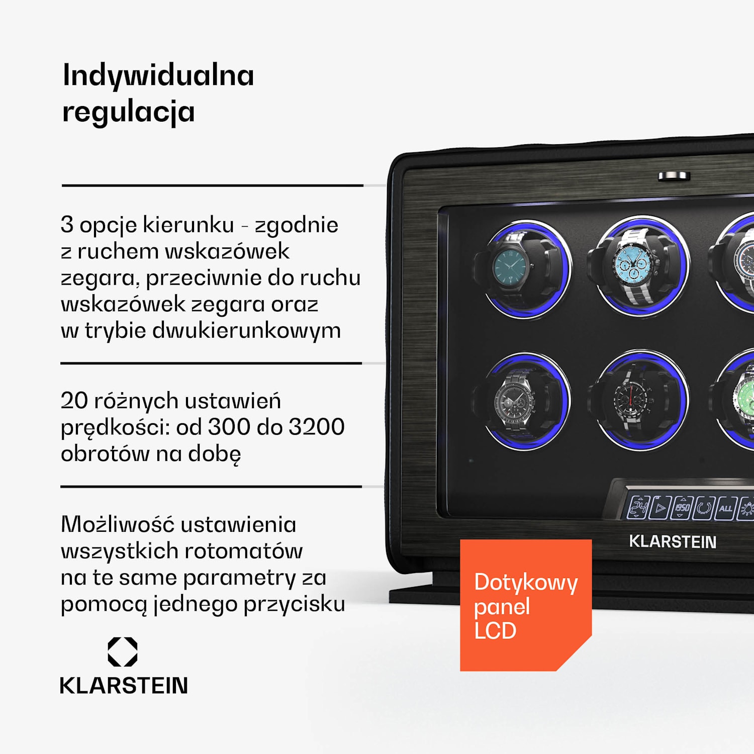 LuminousTime rotomat, 8 zegarków, wiele ustawień, LED, 10 dB 8 zegarków | Czarny