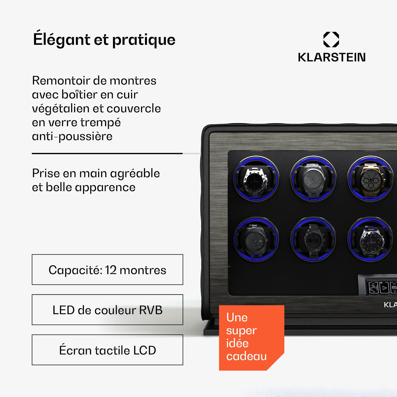 LuminousTime watchwinder | 12 horloges | veel instellingen | LED | 10 dB 12 Horloges | Zwart