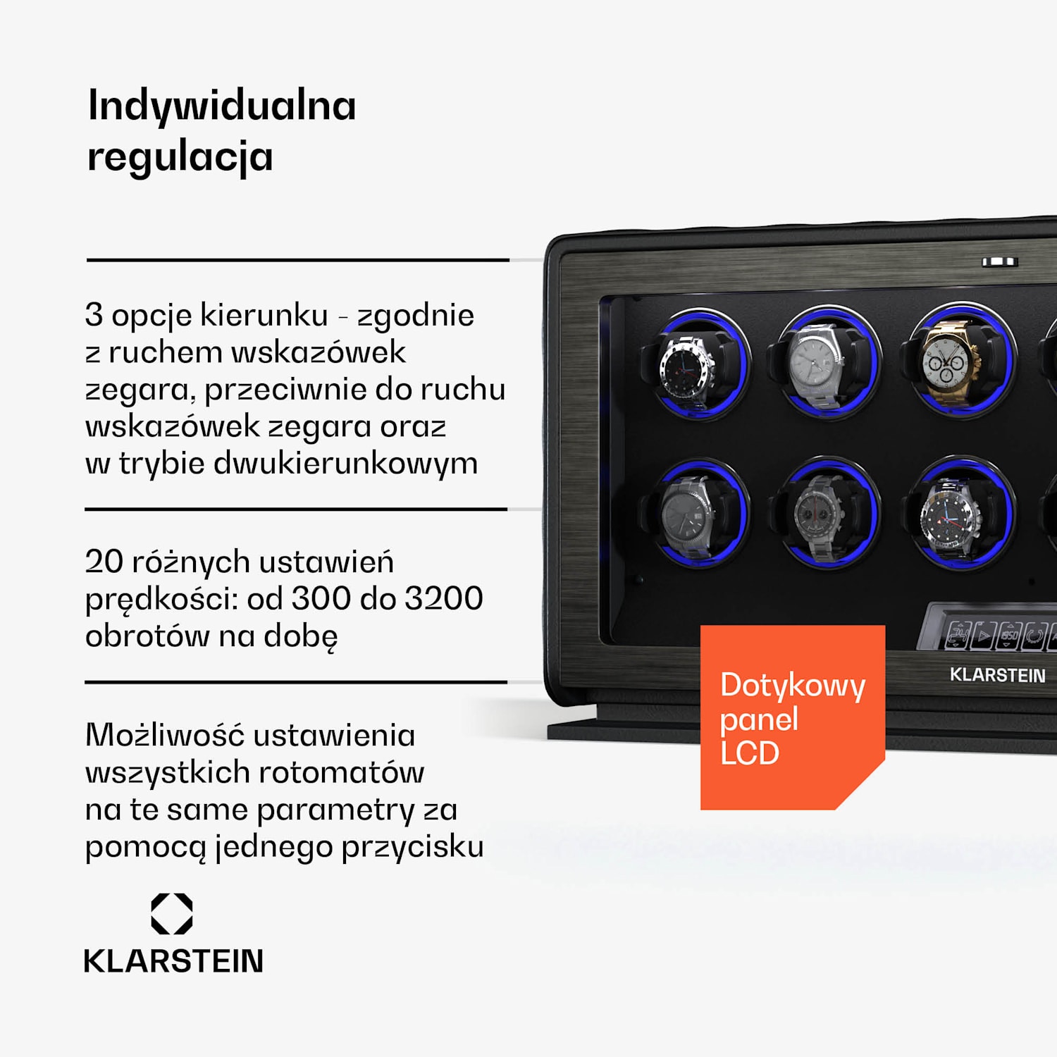 LuminousTime rotomat, 12 zegarków, wiele ustawień, LED, 10 dB 12 zegarków | Czarny