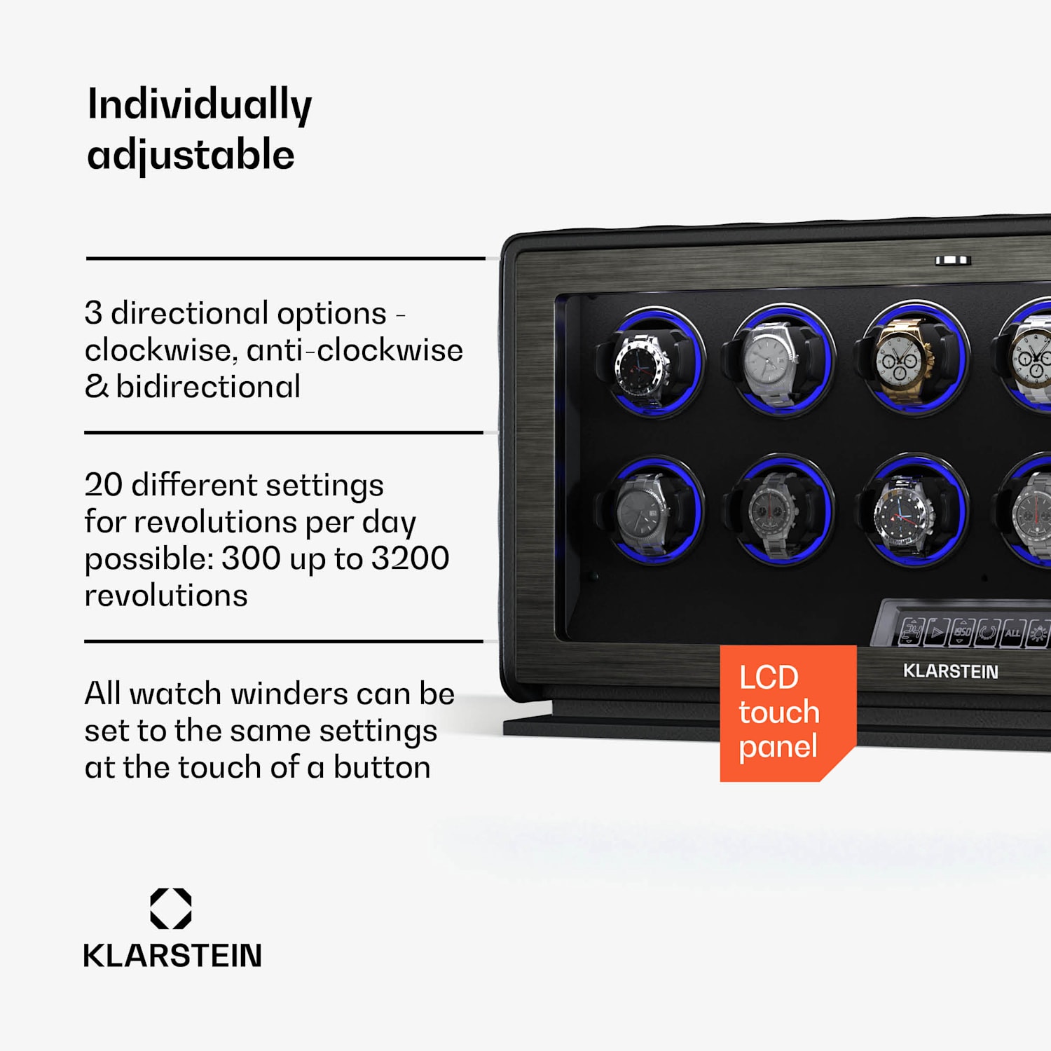 LuminousTime-kellonpyöritin | 12 kelloa | useita asetuksia | LED | 10 dB 12 kellot | Musta