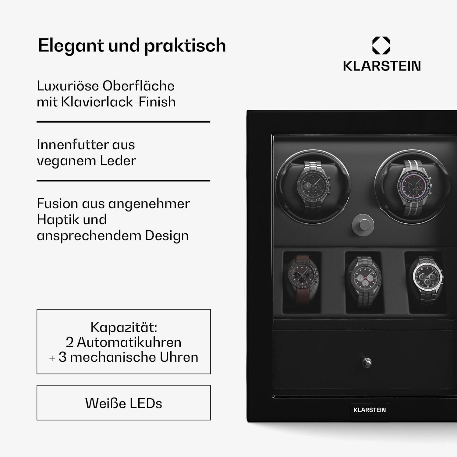 ChronoVault Remontoir | 2+3 montres | vegan | brillant | 4 modes | Moteur Mabuchi | LED | Tiroir 2 automatiques, 3 mécaniques | Noir