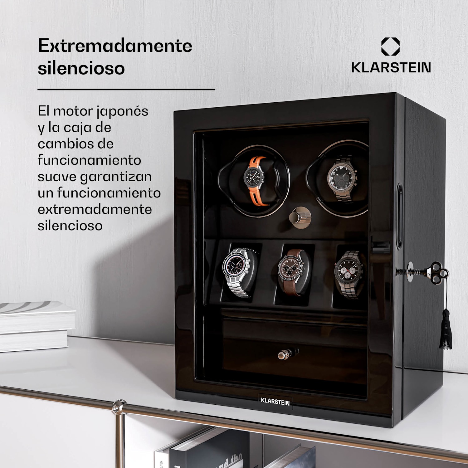 ChronoVault Cargador de relojes | 2+3 relojes | vegano | alto brillo | 4 modos | motor Mabuchi | LED | cajón 2 automáticas, 3 mecánicas | Negro