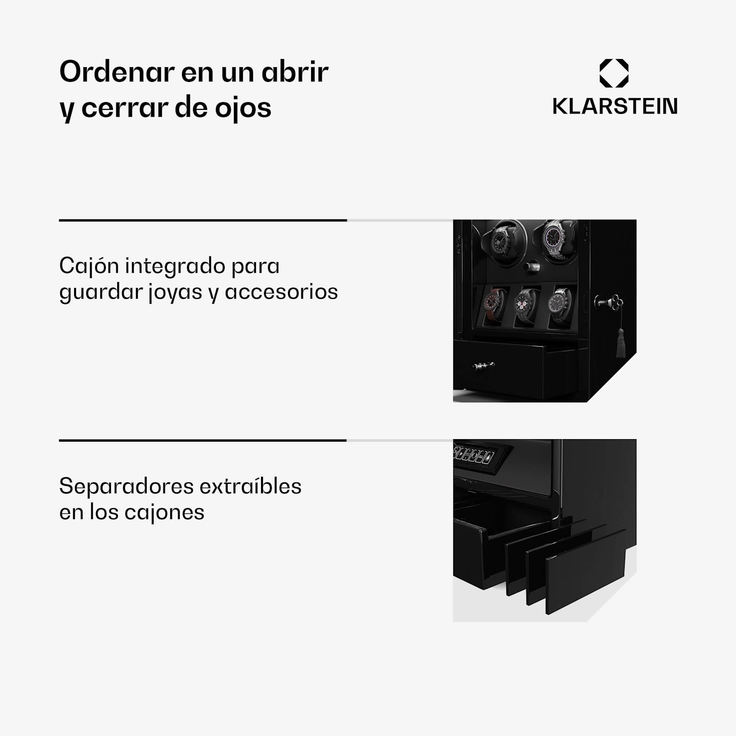 ChronoVault Cargador de relojes | 2+3 relojes | vegano | alto brillo | 4 modos | motor Mabuchi | LED | cajón 2 automáticas, 3 mecánicas | Negro