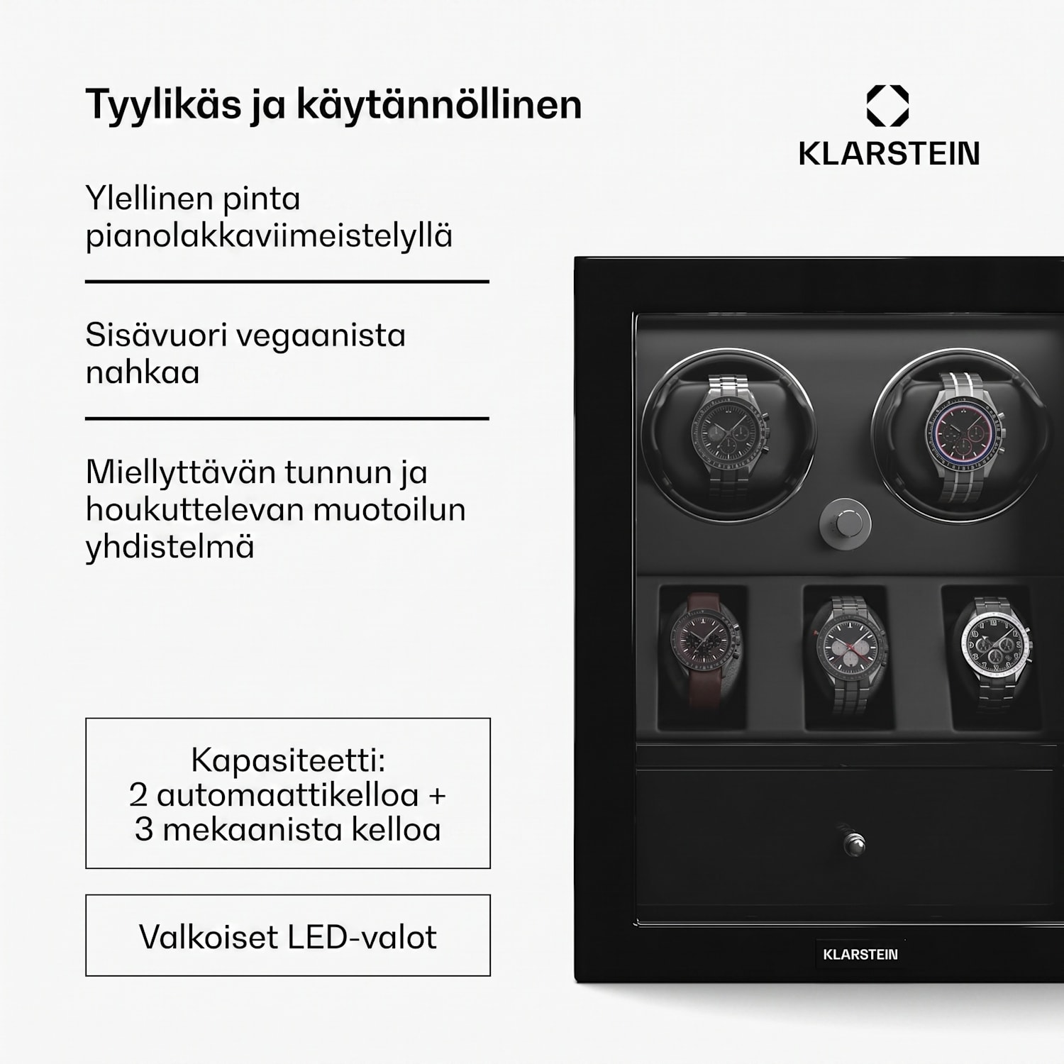 ChronoVault kellonpyörittäjä | 2+3 kelloa | vegaaninen | korkeakiilto | 4 tilaa | Mabuchi-moottori | LED | laatikko 2 automaattia, 3 mekaanikkoa | Musta