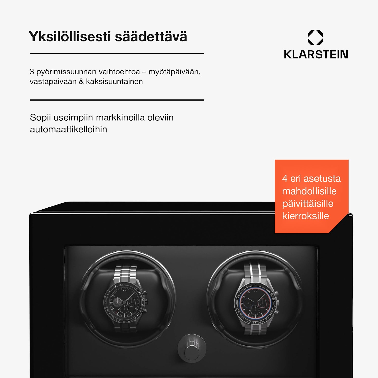 ChronoVault kellonpyörittäjä | 2+3 kelloa | vegaaninen | korkeakiilto | 4 tilaa | Mabuchi-moottori | LED | laatikko 2 automaattia, 3 mekaanikkoa | Musta
