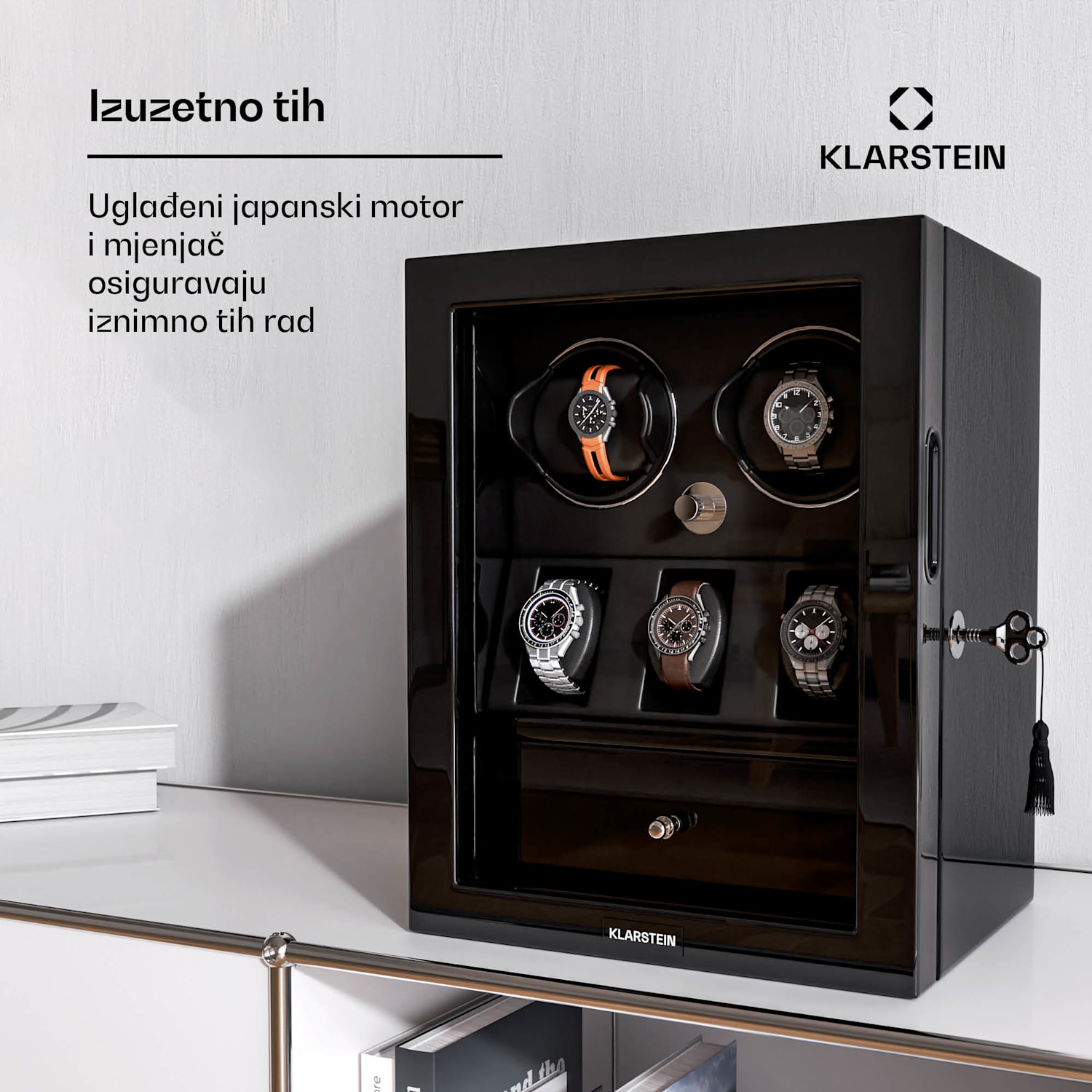 ChronoVault navijač satova, 2+3 sata, veganski materijal, visoki sjaj, 4 režima, Mabuchi motor, LED, utičnica 2 automatika, 3 mehanicara | Crna