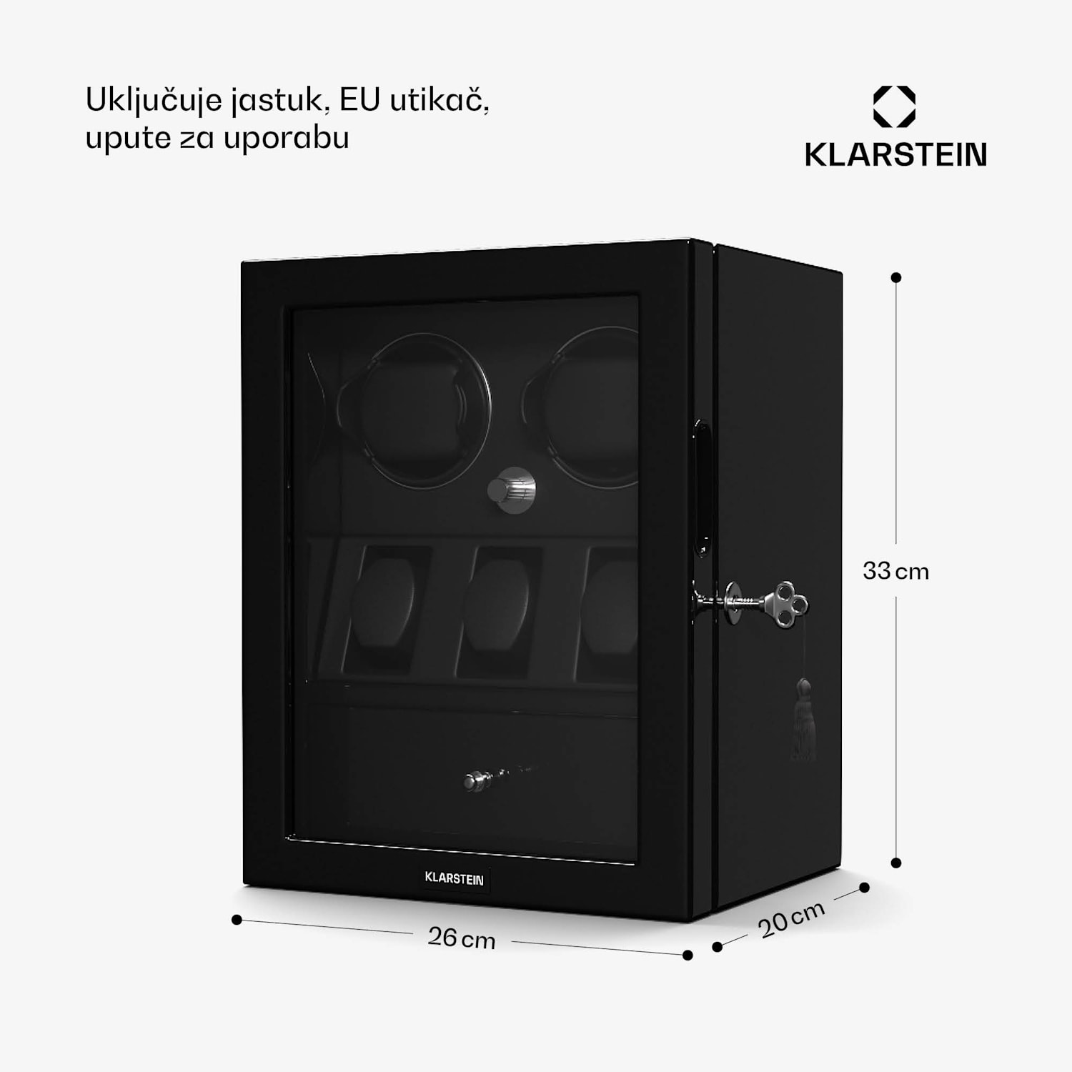 ChronoVault navijač satova, 2+3 sata, veganski materijal, visoki sjaj, 4 režima, Mabuchi motor, LED, utičnica 2 automatika, 3 mehanicara | Crna