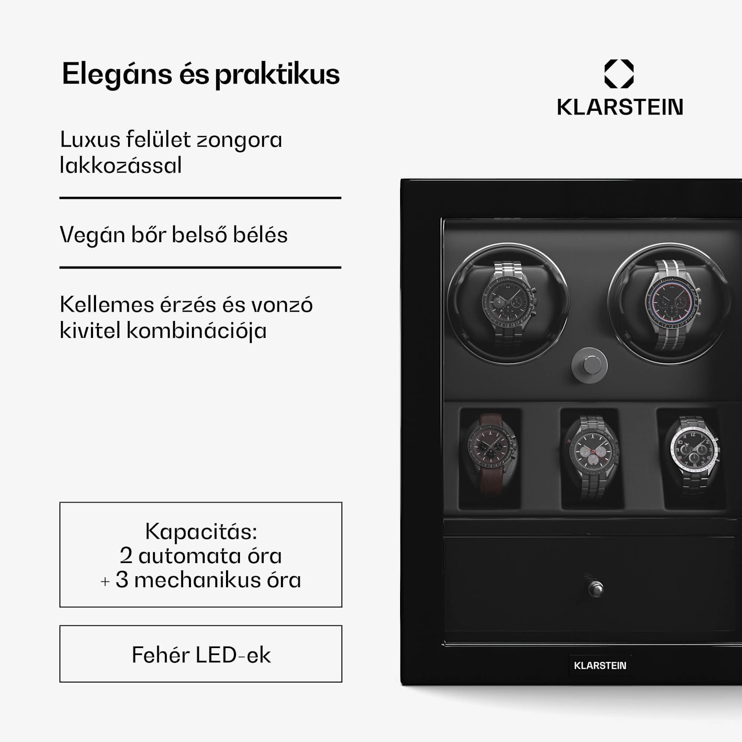ChronoVault óratekercselő, 2+3 óra, vegán, magas fényű, 4 üzemmód, Mabuchi motor, LED, aljzat