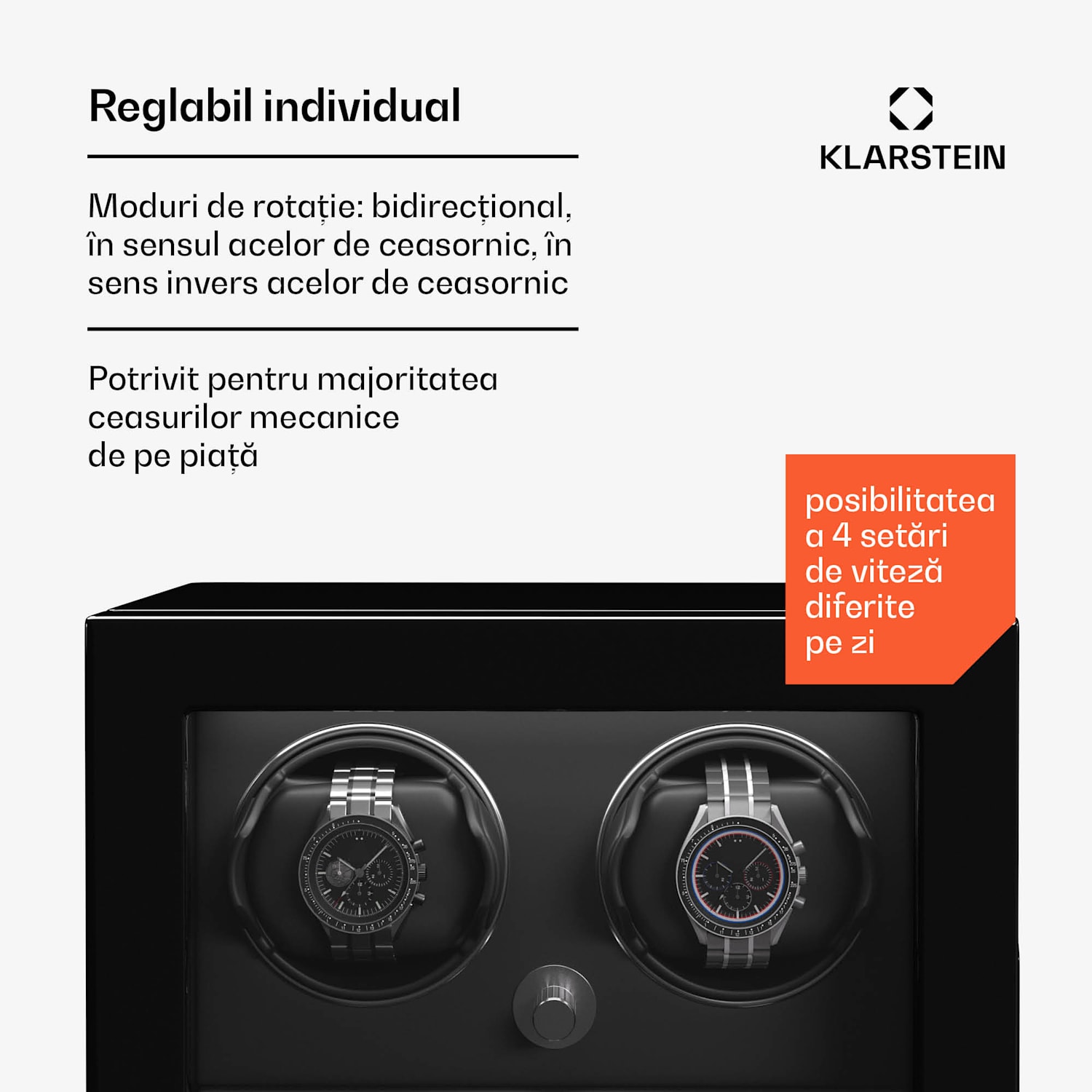 Dispozitiv de întors ceasuri ChronoVault, 2+3 ceasuri, vegan, lucios, 4 moduri, Motor Mabuchi, LED, priză 2 automate, 3 mecanice | Negru