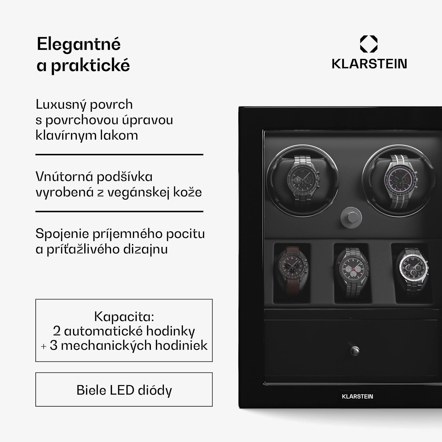 ChronoVault naťahovač hodiniek, 2+3 hodinky, vegánsky, vysoký lesk, 4 režimy, motor Mabuchi, LED, zásuvka 2 automatické, 3 mechanické | Čierna