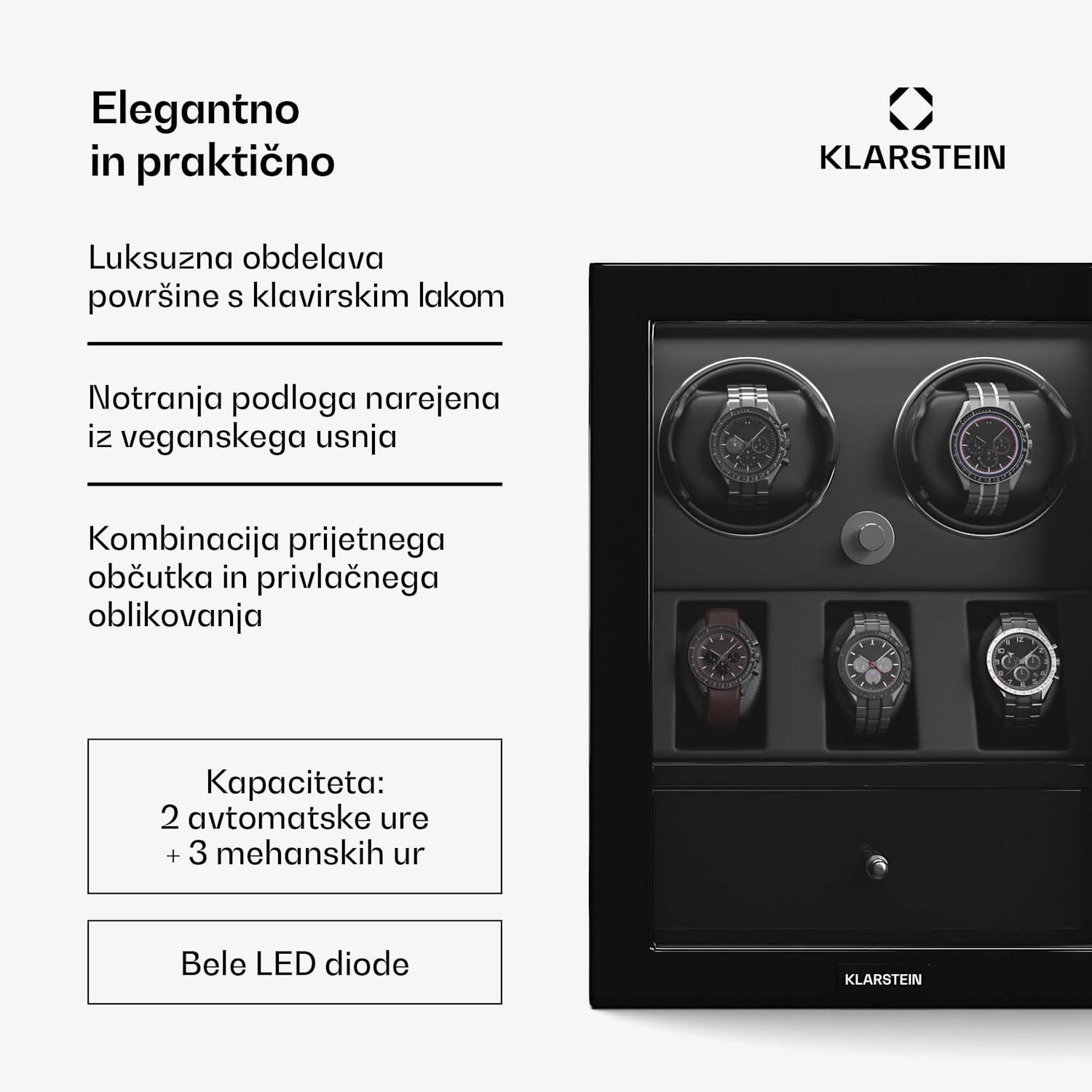 ChronoVault navijalnik za ure, 2+3 ure, veganski, visok sijaj, 4 načini, motor Mabuchi, LED, vtič 2 avtomatska, 3 mehanična | Črna