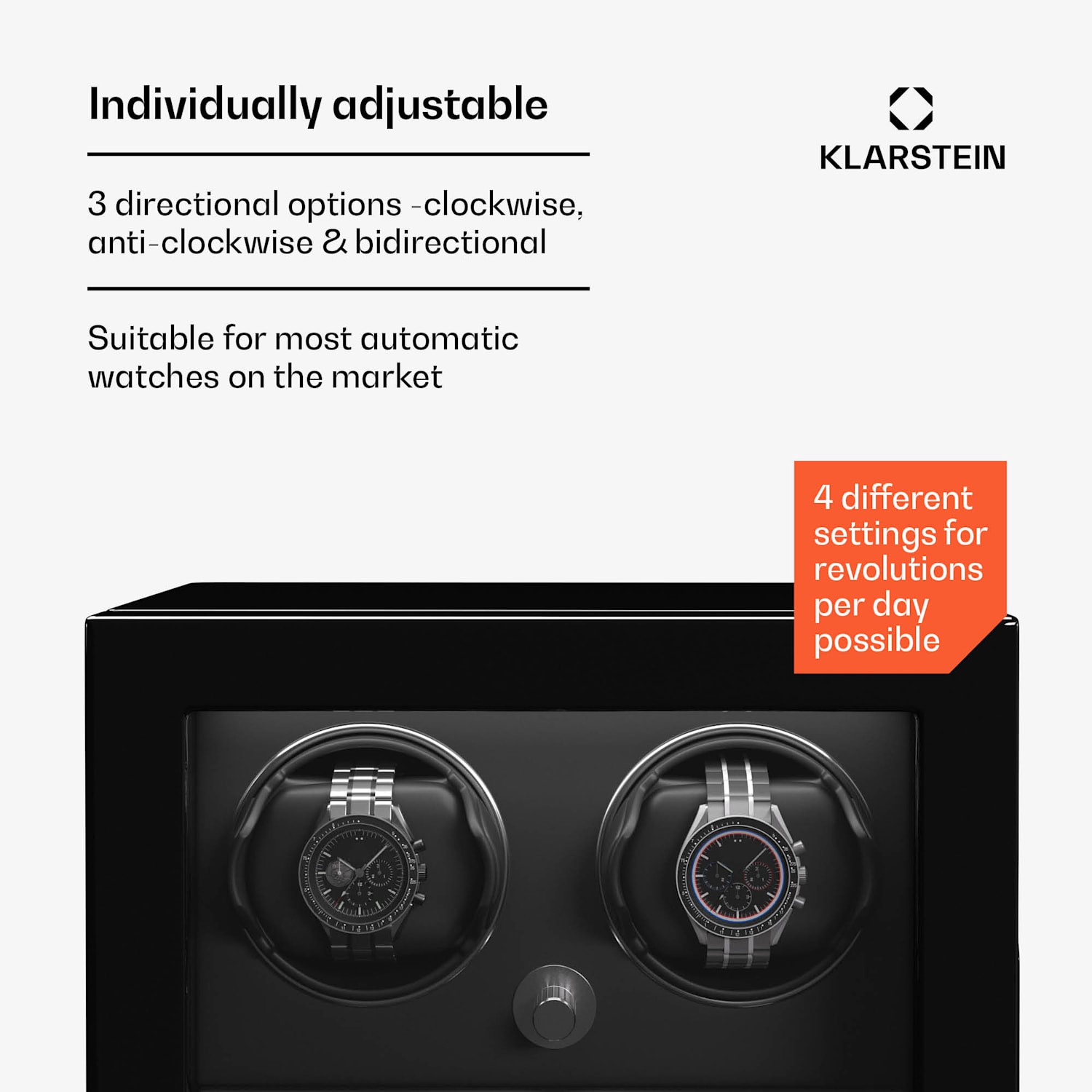 ChronoVault-kellonpyöritin | 2 + 3 kelloa | vegaaninen | korkeakiilto | 4 tilaa | Mabuchi-moottori | LED | laatikko 2 automaattia, 3 mekaanikkoa | Musta