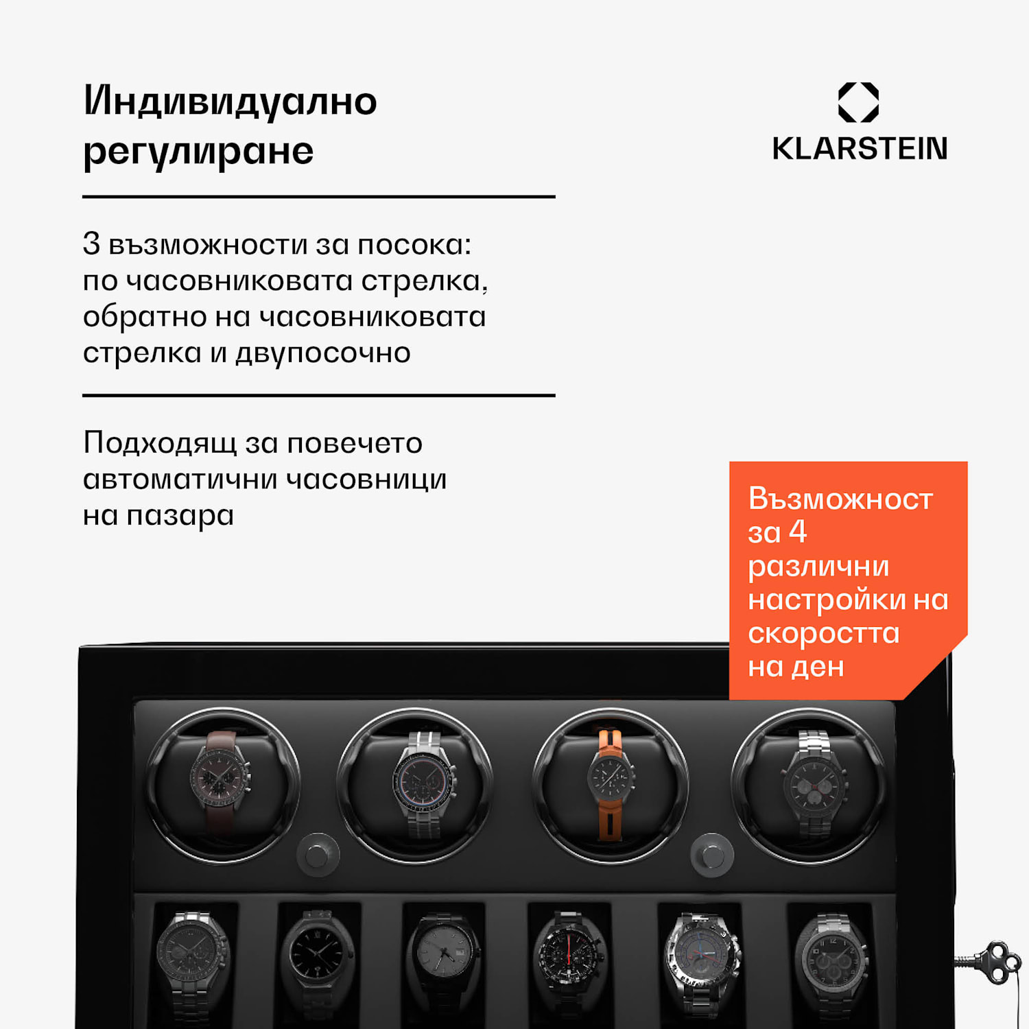 Навивател за часовници ChronoVault, 4+6 часовника, веган, висок гланц, 4 режима, двигател Mabuchi, LED, гнездо 4 автоматика, 6 механика | Черно