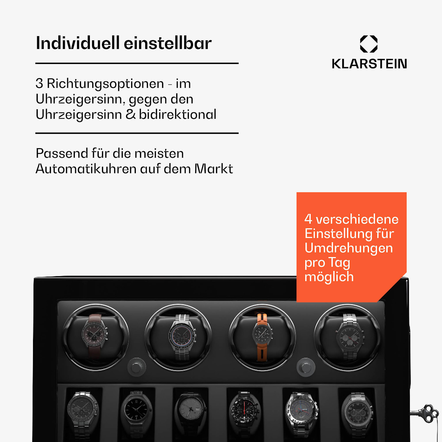 ChronoVault Uhrenbeweger | 4+6 Uhren | vegan | Hochglanz | 4 Modi | Mabuchi Motor | LED | Schublade 4 automatisch, 6 mechanisch | Schwarz