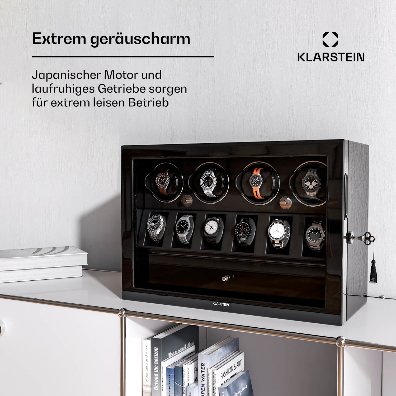 ChronoVault Uhrenbeweger | 4+6 Uhren | vegan | Hochglanz | 4 Modi | Mabuchi Motor | LED | Schublade 4 automatisch, 6 mechanisch | Schwarz
