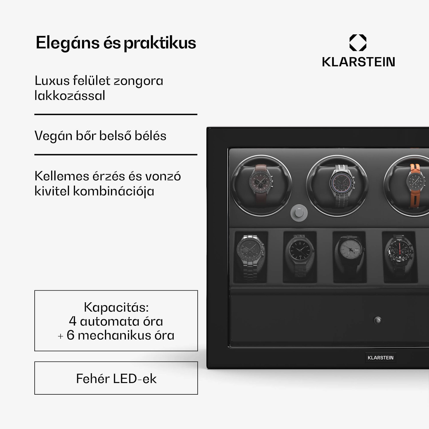 ChronoVault óratekercselő, 4+6 óra, vegán, magas fényű, 4 üzemmód, Mabuchi motor, LED, aljzat 4 automata, 6 szerelő | Fekete