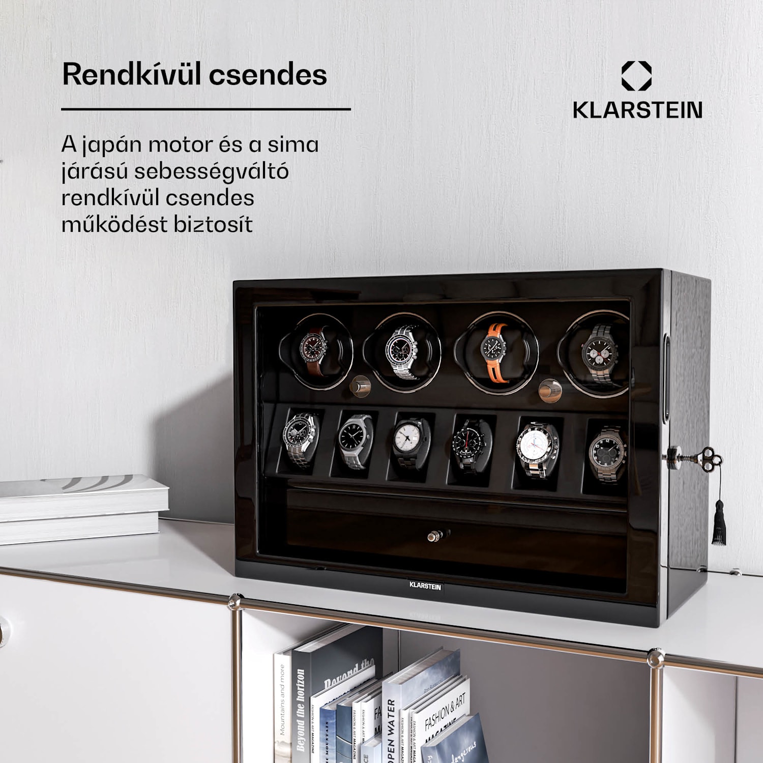 ChronoVault óratekercselő, 4+6 óra, vegán, magas fényű, 4 üzemmód, Mabuchi motor, LED, aljzat 4 automata, 6 szerelő | Fekete