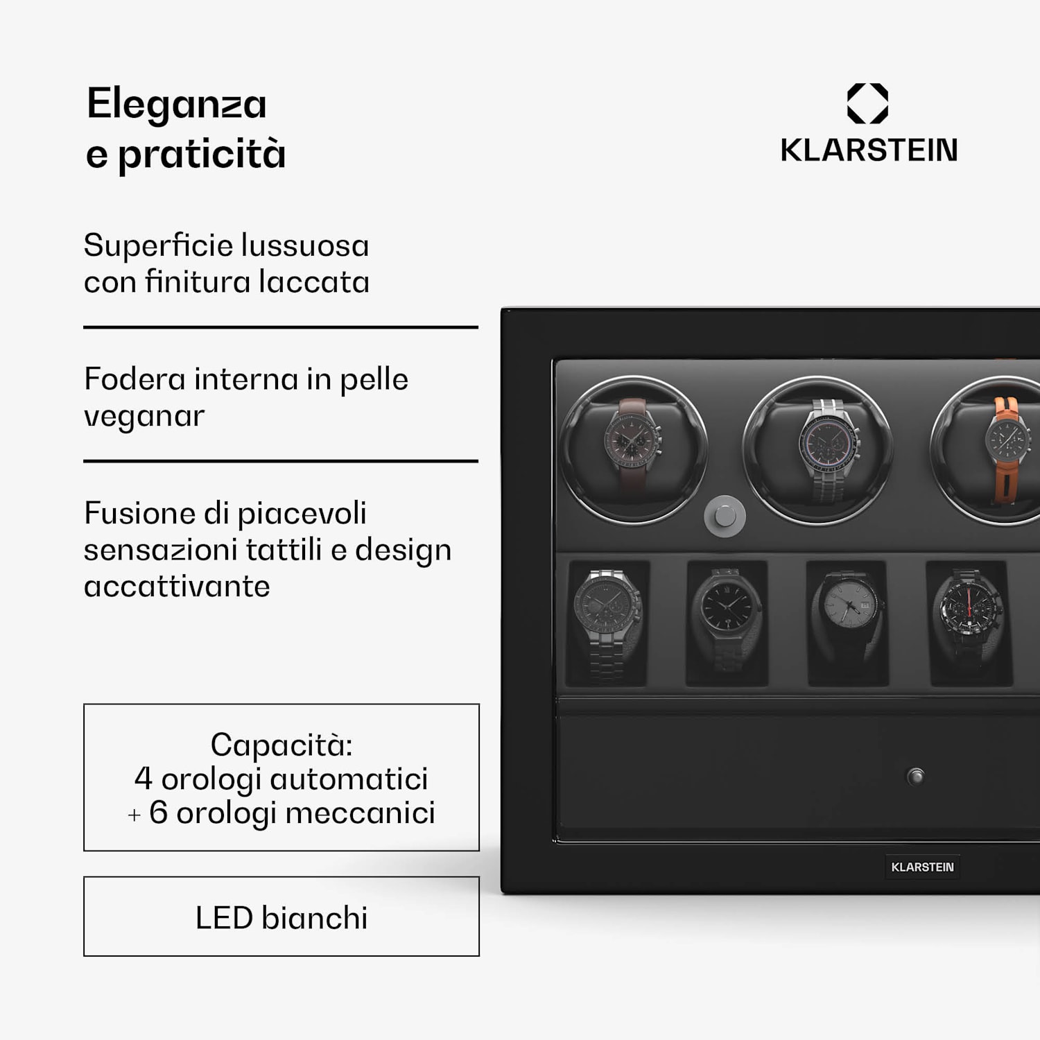 ChronoVault - Avvolgitore di orologi | 4+6 orologi | Vegano | Lucido | 4 modalità | Motore Mabuchi | LED | Cassetto 4 automaattia, 6 mekaanikkoa | Preto