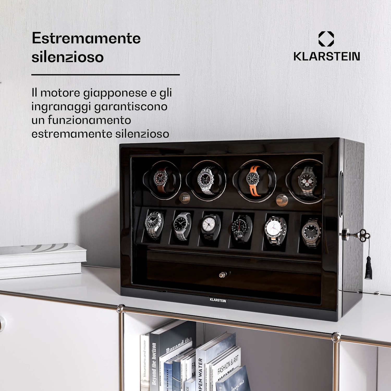 ChronoVault - Avvolgitore di orologi | 4+6 orologi | Vegano | Lucido | 4 modalità | Motore Mabuchi | LED | Cassetto 4 automaattia, 6 mekaanikkoa | Preto