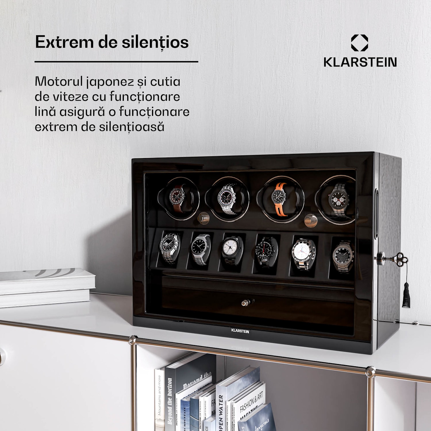 Dispozitiv de întors ceasuri ChronoVault, 4+6 ceasuri, vegan, lucios, 4 moduri, Motor Mabuchi, LED, priză 4 automate, 6 mecanice | Negru