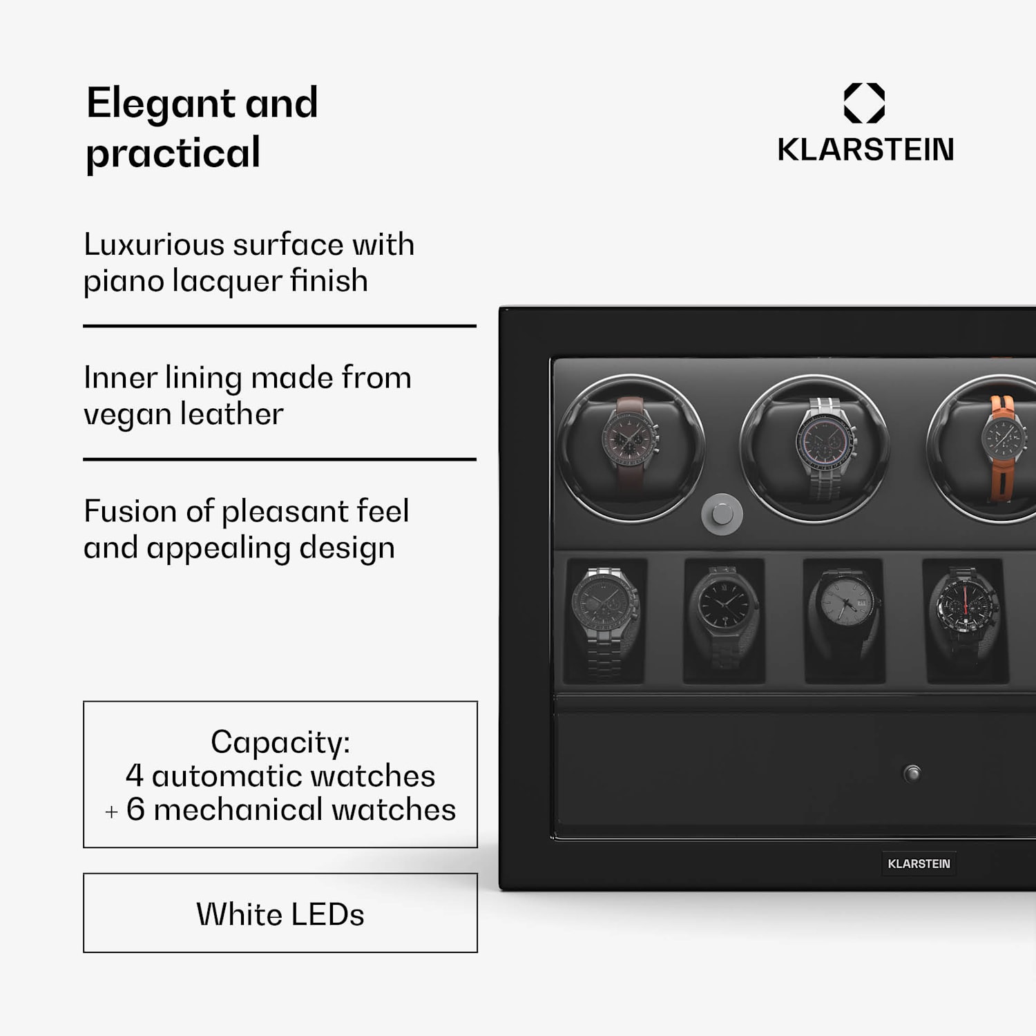 ChronoVault watch winder | 4+6 watches | vegan | high-gloss | 4 modes | Mabuchi motor | LED | drawer 4 automatisch, 6 mechanisch | Black