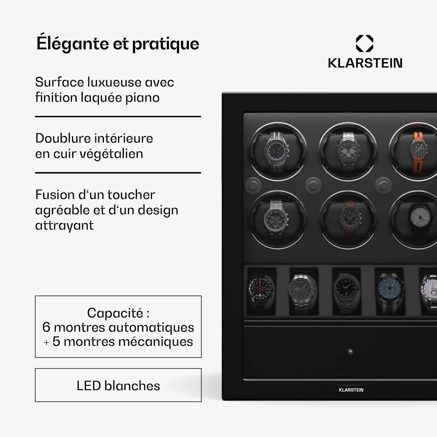 ChronoVault watchwinder | 6+5 horloges | veganistisch | hoogglans | 4 modi | Mabuchi motor | LED | schuiflade 6 automatisch, 5 mechanisch | Zwart