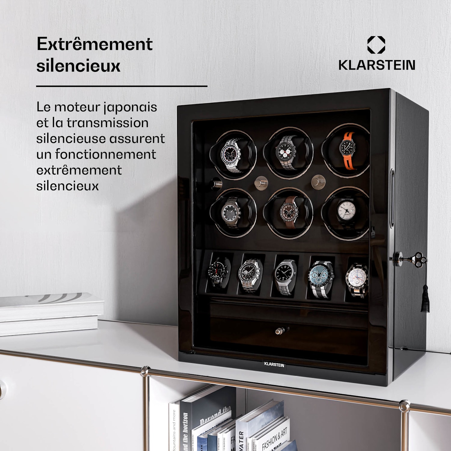 ChronoVault watchwinder | 6+5 horloges | veganistisch | hoogglans | 4 modi | Mabuchi motor | LED | schuiflade 6 automatisch, 5 mechanisch | Zwart