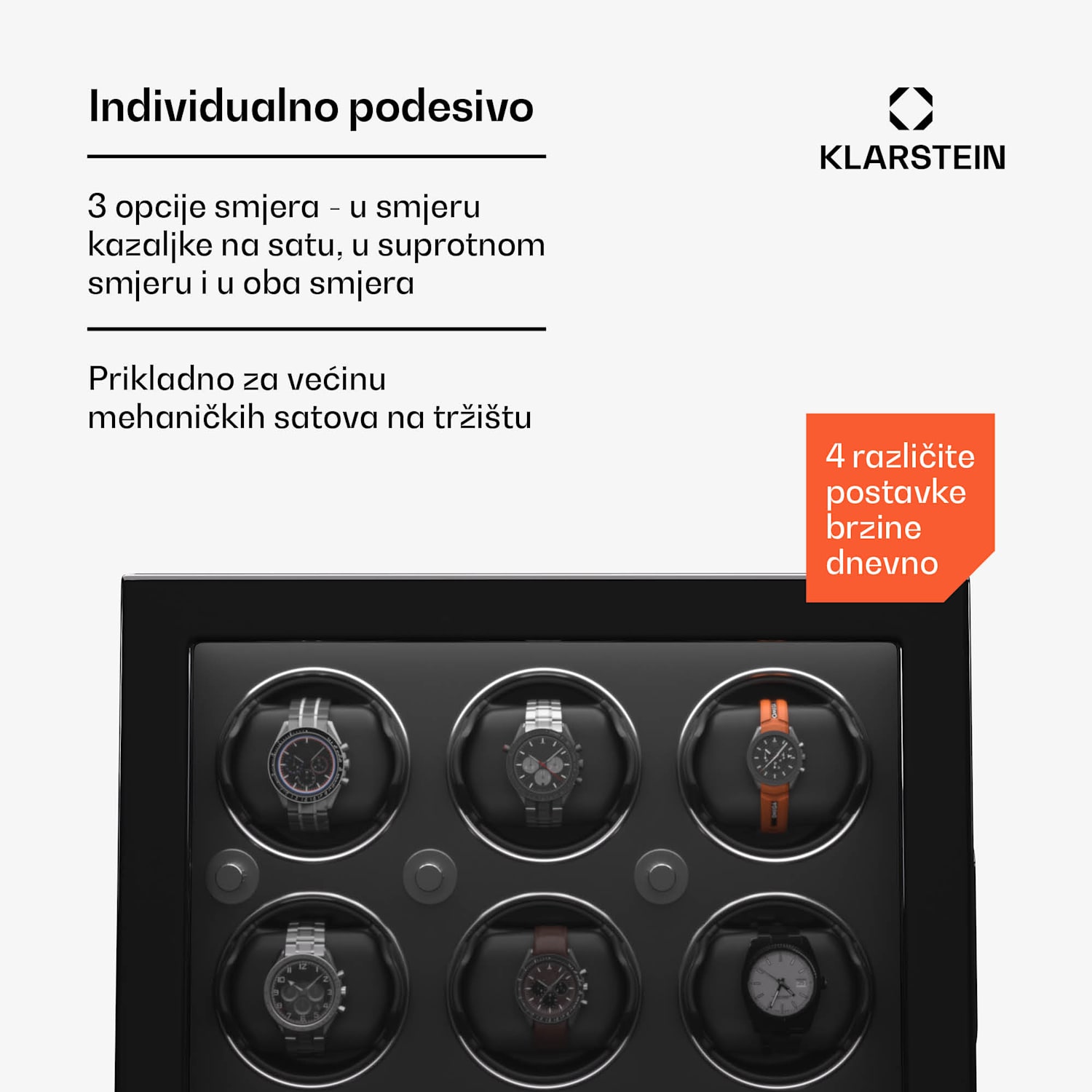 ChronoVault navijač satova, 4+6 satova, veganski materijal, visoki sjaj, 4 režima, Mabuchi motor, LED, utičnica 6 automatika, 5 mehanicara | Crna